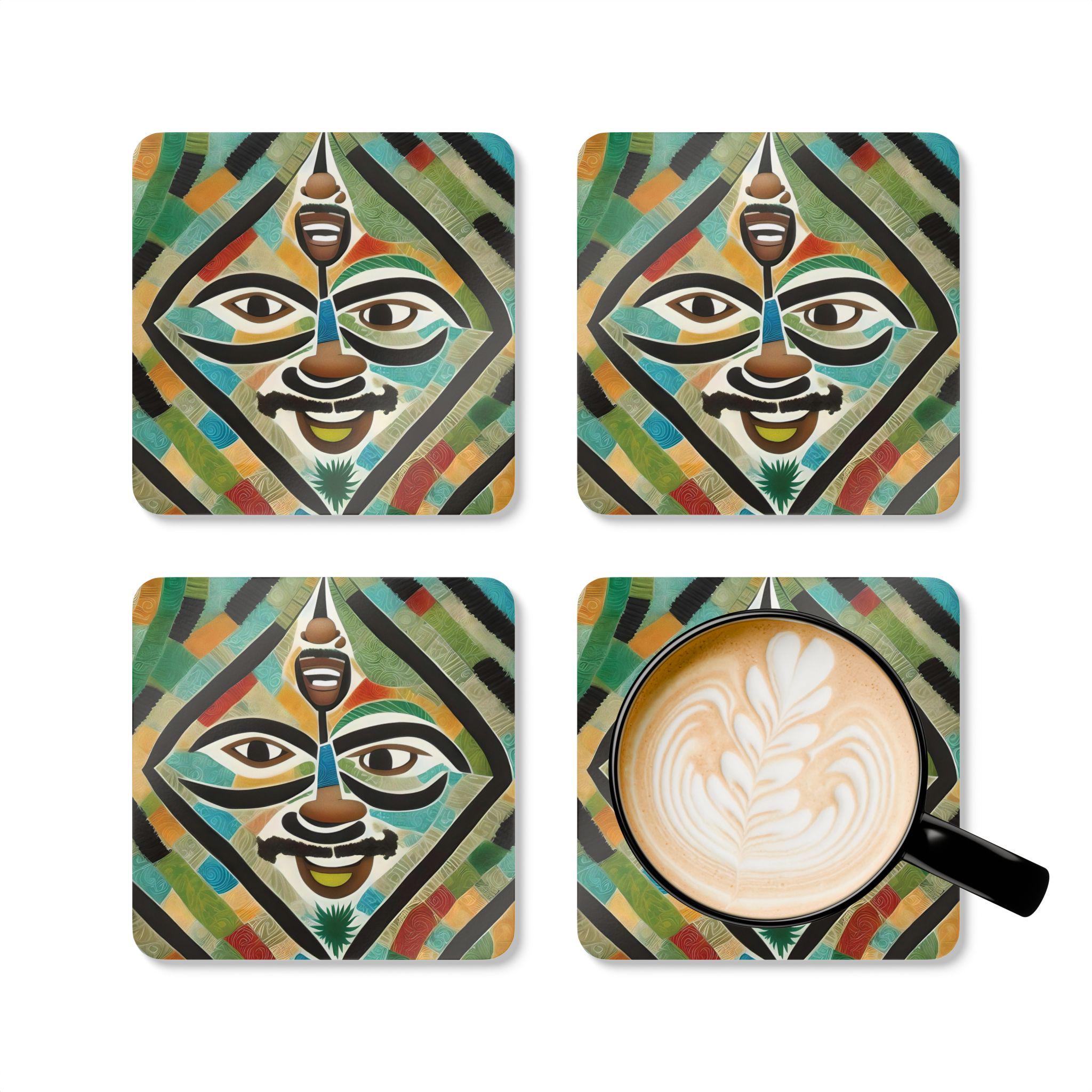 Abstract Tribal Mask Corkwood Coaster Set | Colorful Geometric Art