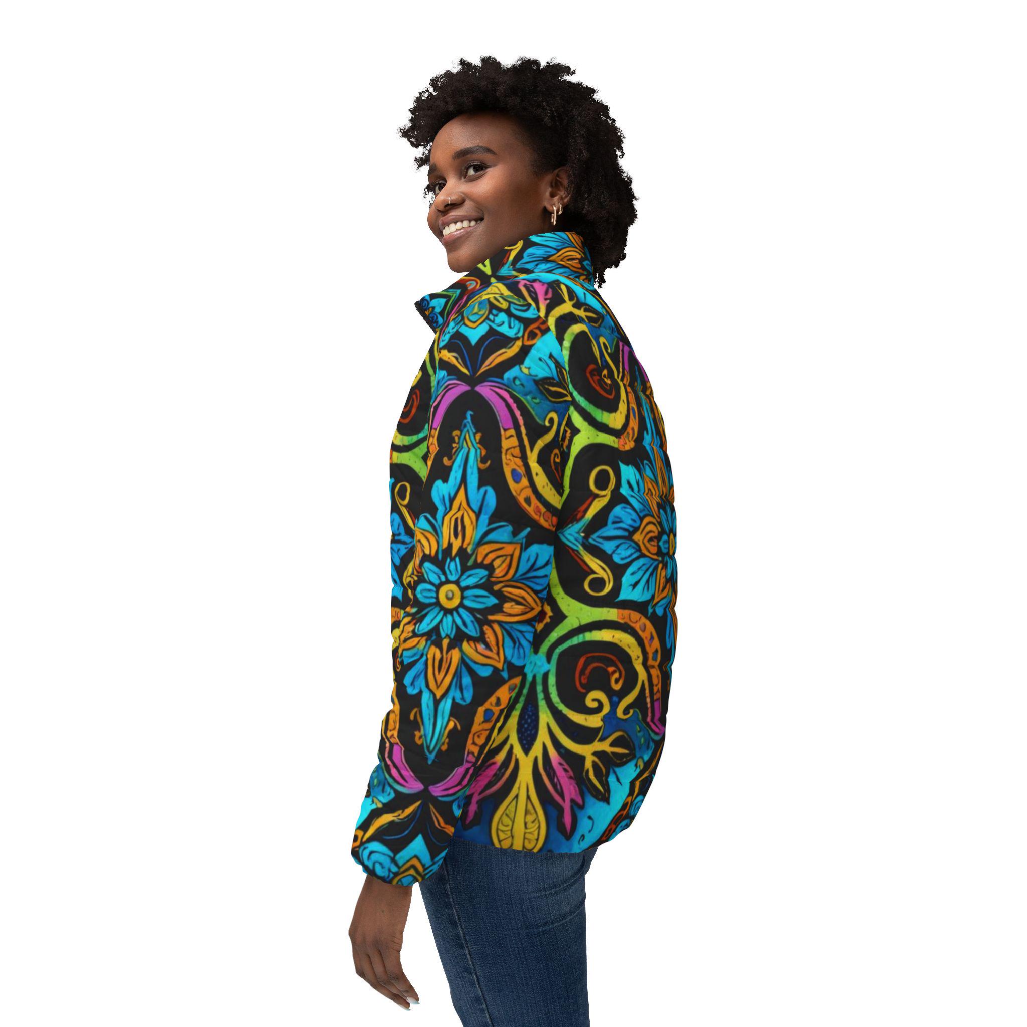 Island Garden Abstract Art Womens Puffer Jacket | Floral Abstract Print