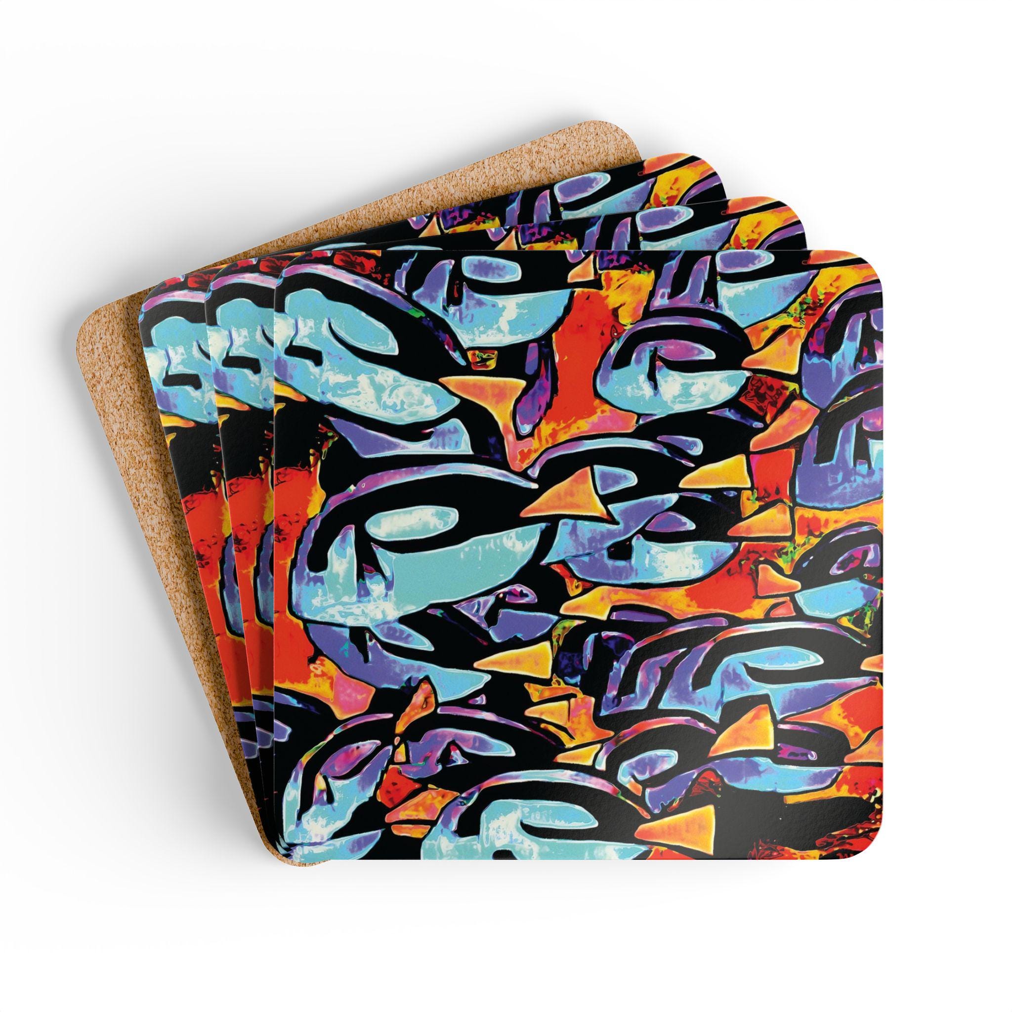 Blue Tang School Abstract Pattern Corkwood Coaster Set