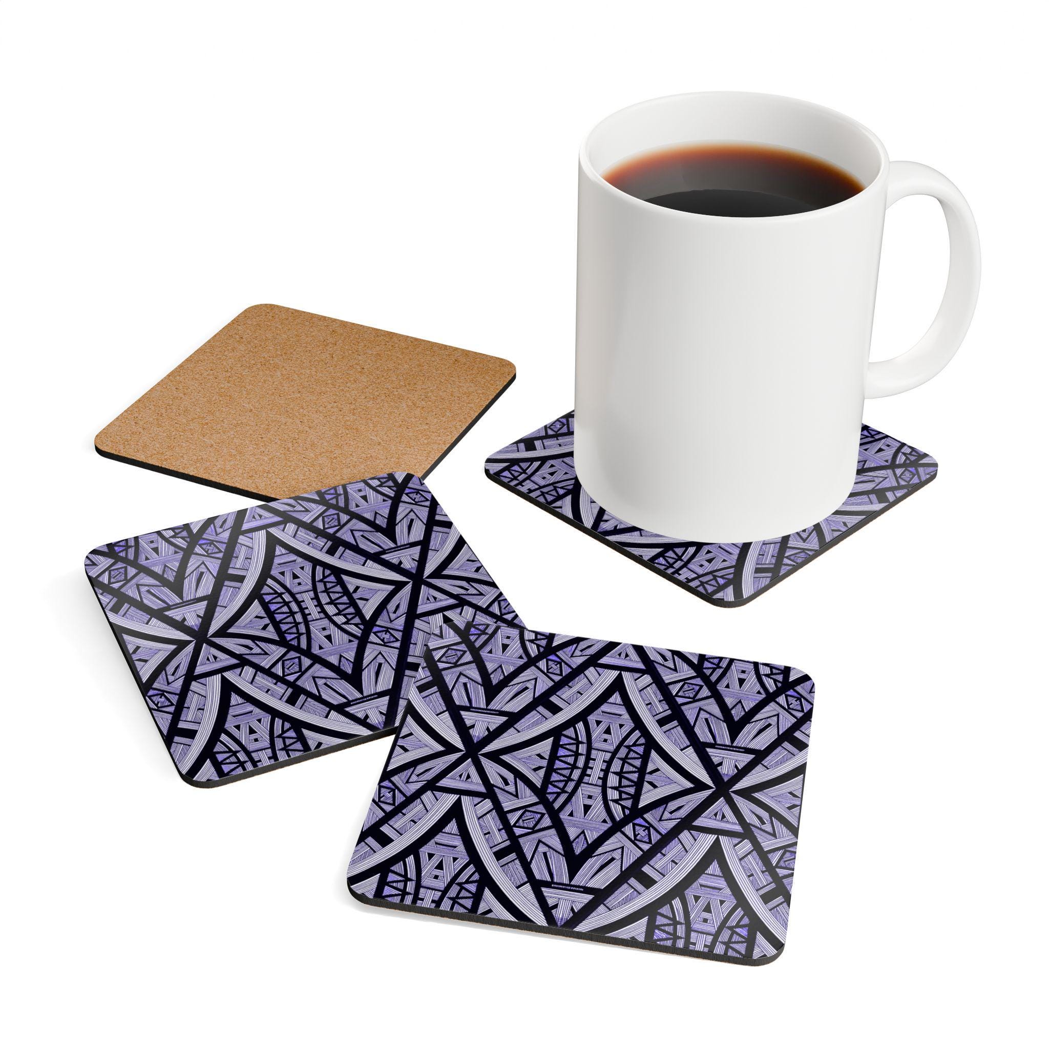 Geometric Tribal Pattern Corkwood Coaster Set | Purple Aztec Tiles
