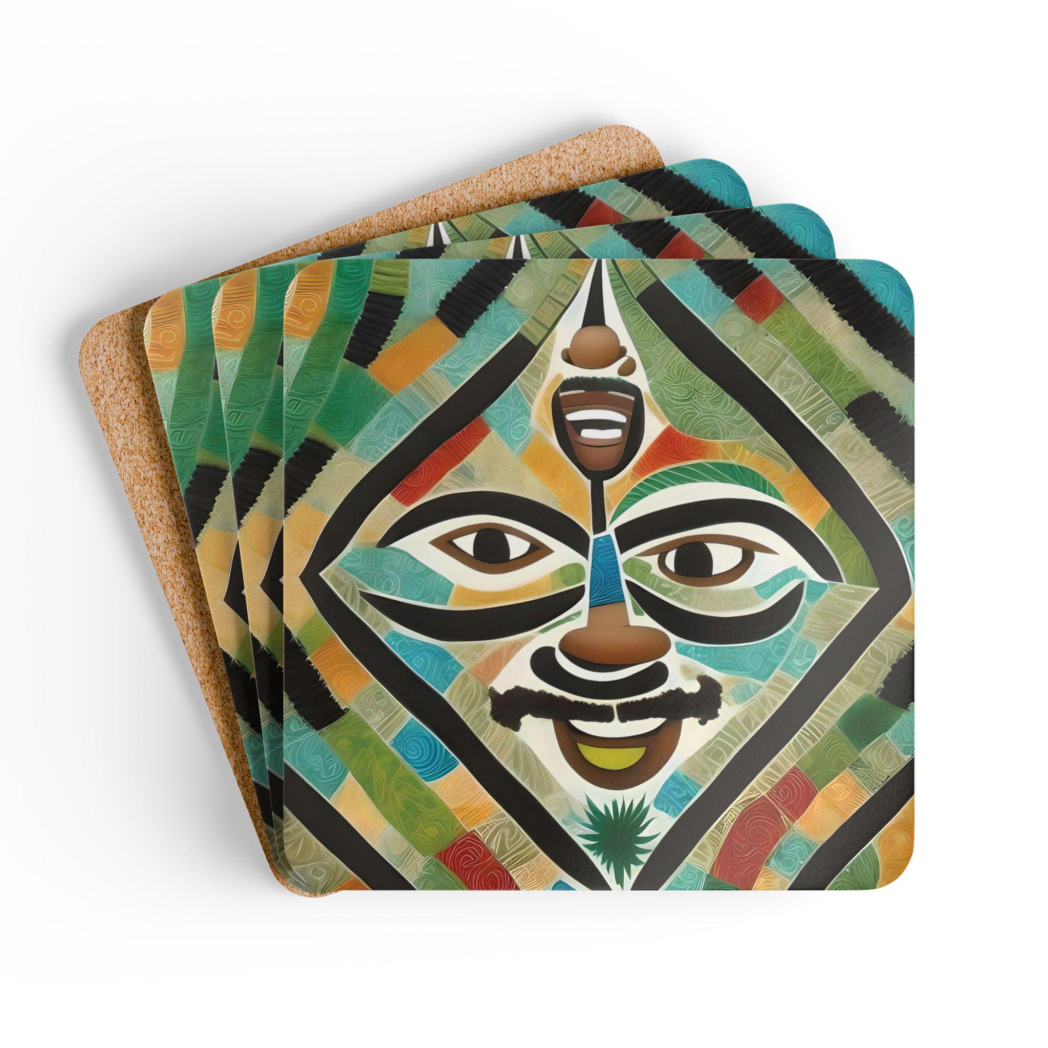 Abstract Tribal Mask Corkwood Coaster Set | Colorful Geometric Art