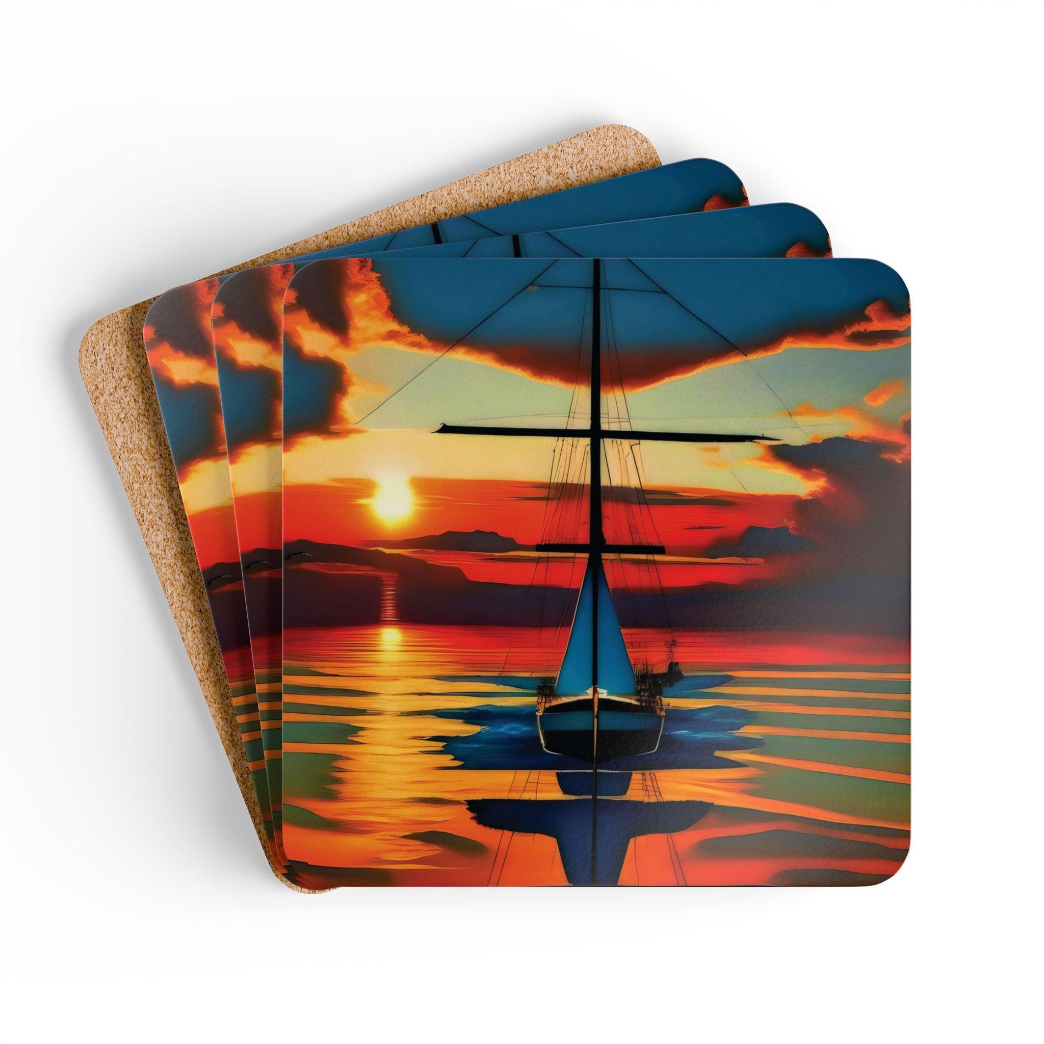 Sailboat Sunset Cork Coaster Set | Nautical Ocean Scene, Vibrant Sunset