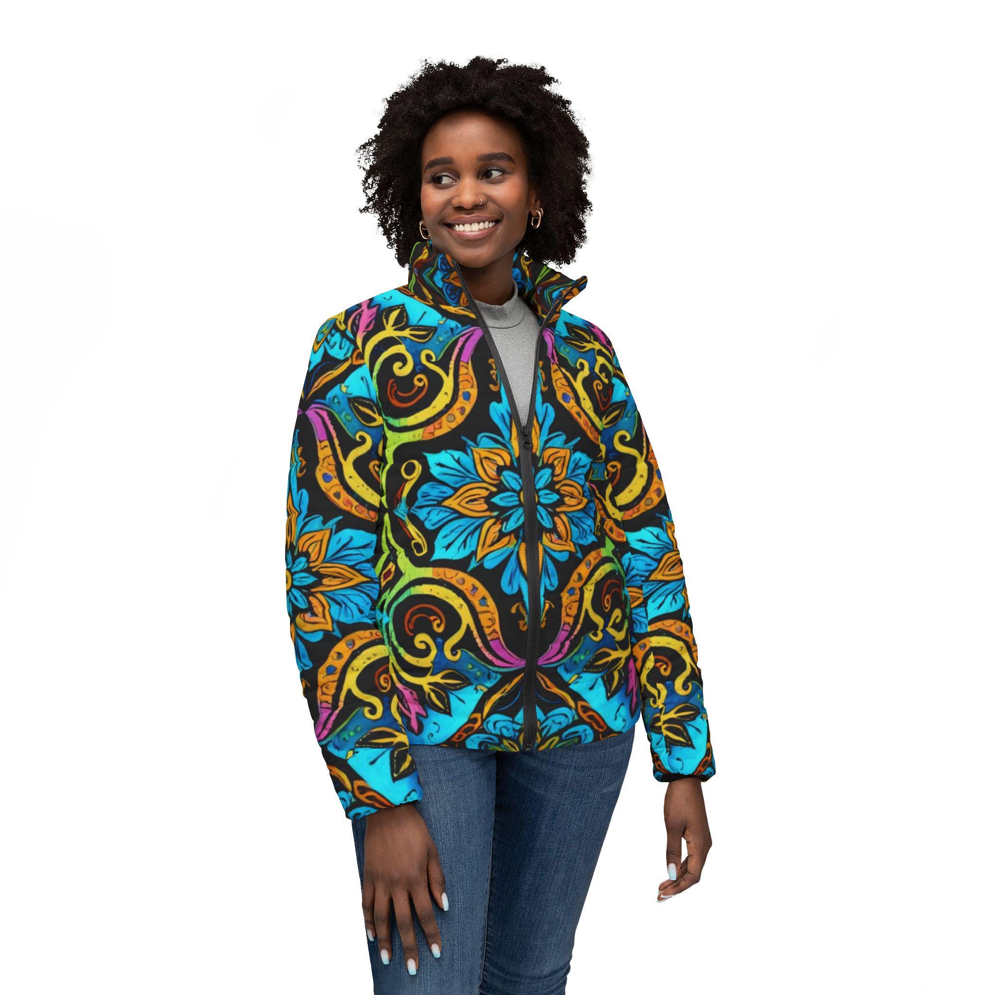 Island Garden Abstract Art Womens Puffer Jacket | Floral Abstract Print