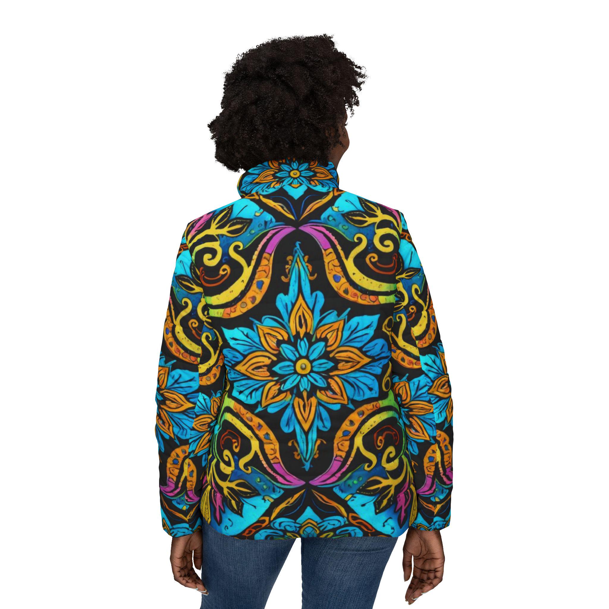 Island Garden Abstract Art Womens Puffer Jacket | Floral Abstract Print