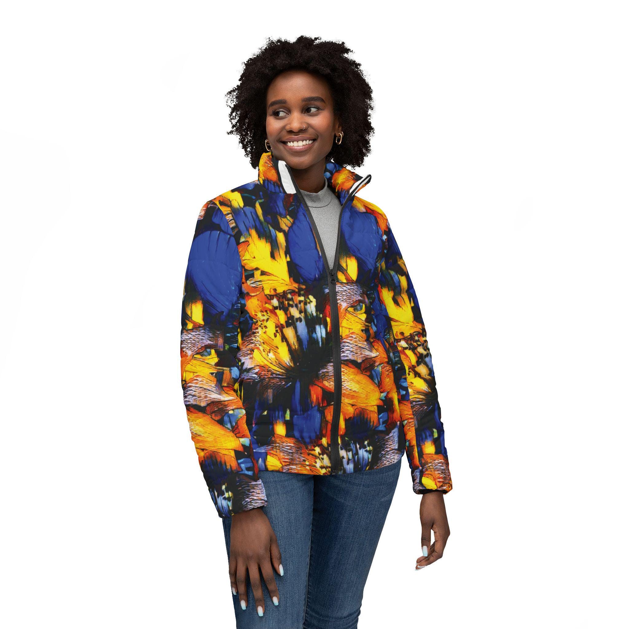 Abstract Floral Burst Women’s Puffer Jacket — Bold Blue & Orange All-Over Print