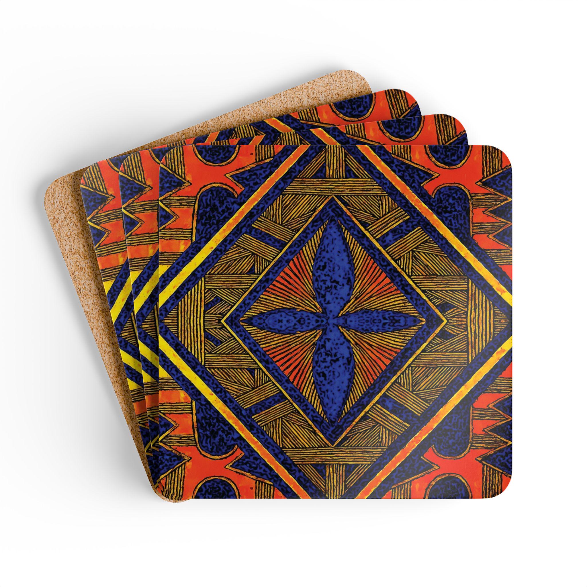 Geometric Tribal Tile Corkwood Coaster Set | Boho Aztec Pattern