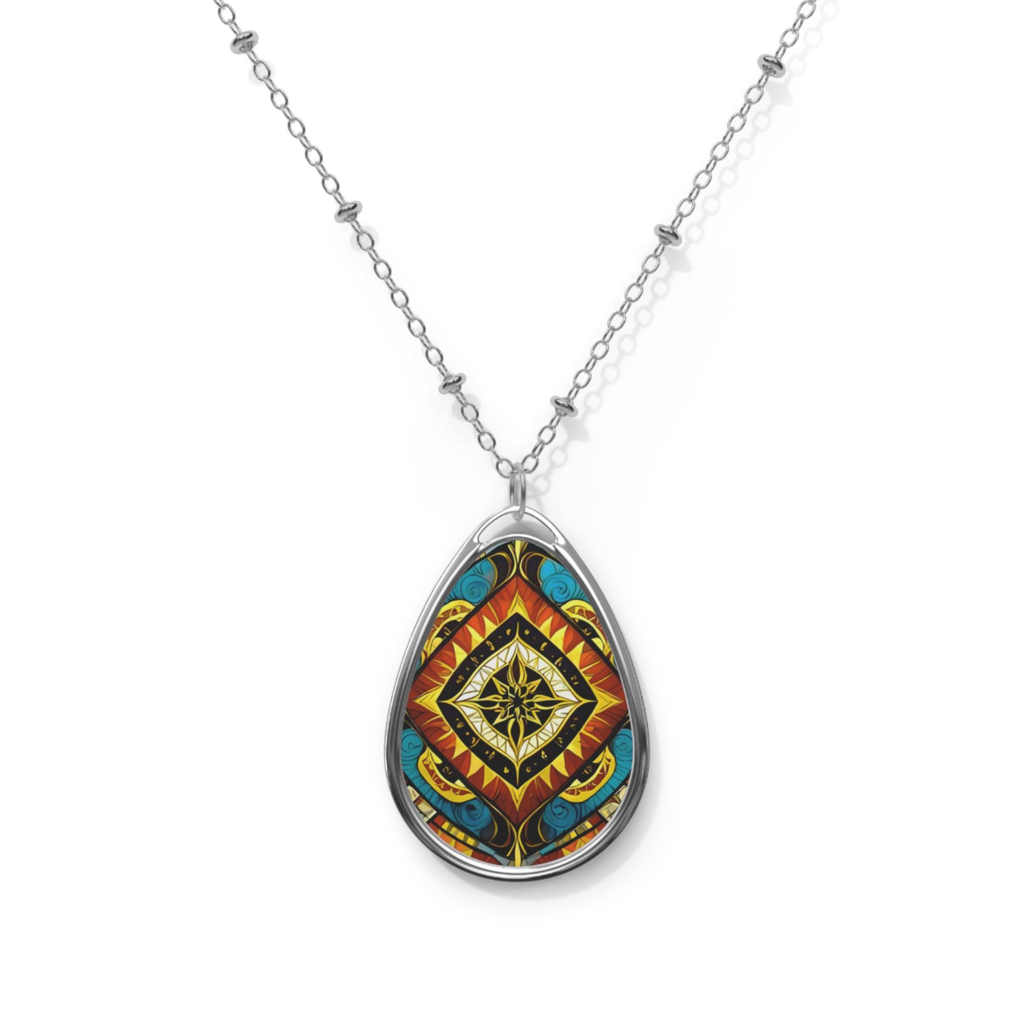 Vibrant Tribal Pattern Oval Necklace | Colorful Boho Pendant