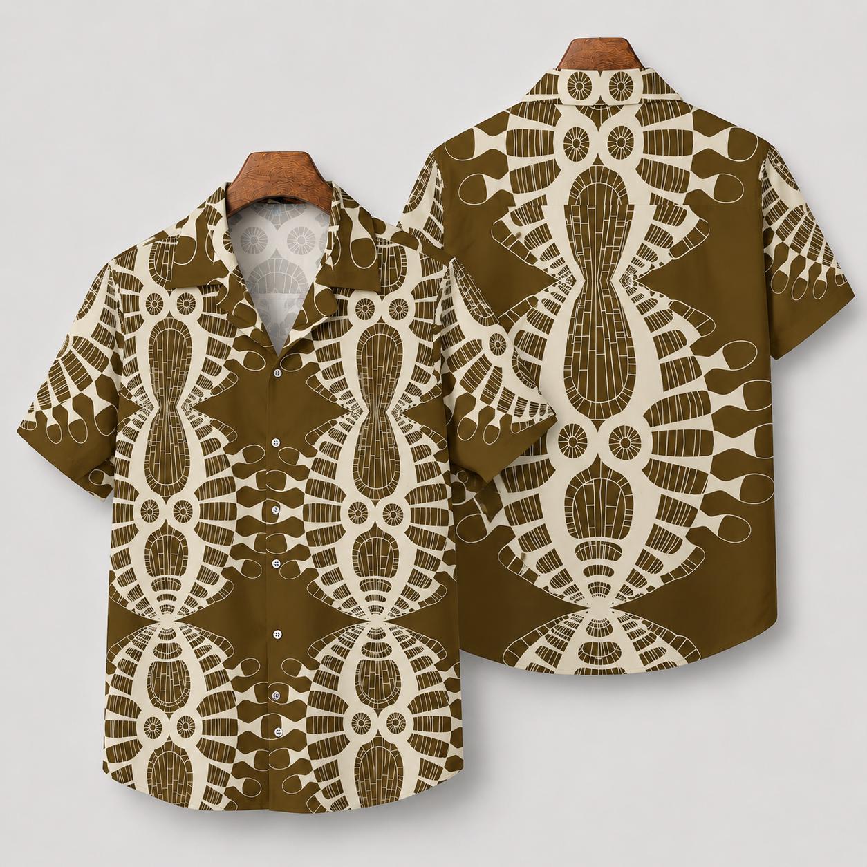 Tribal Geometric Pattern Hawaiian Shirt - Brown AOP