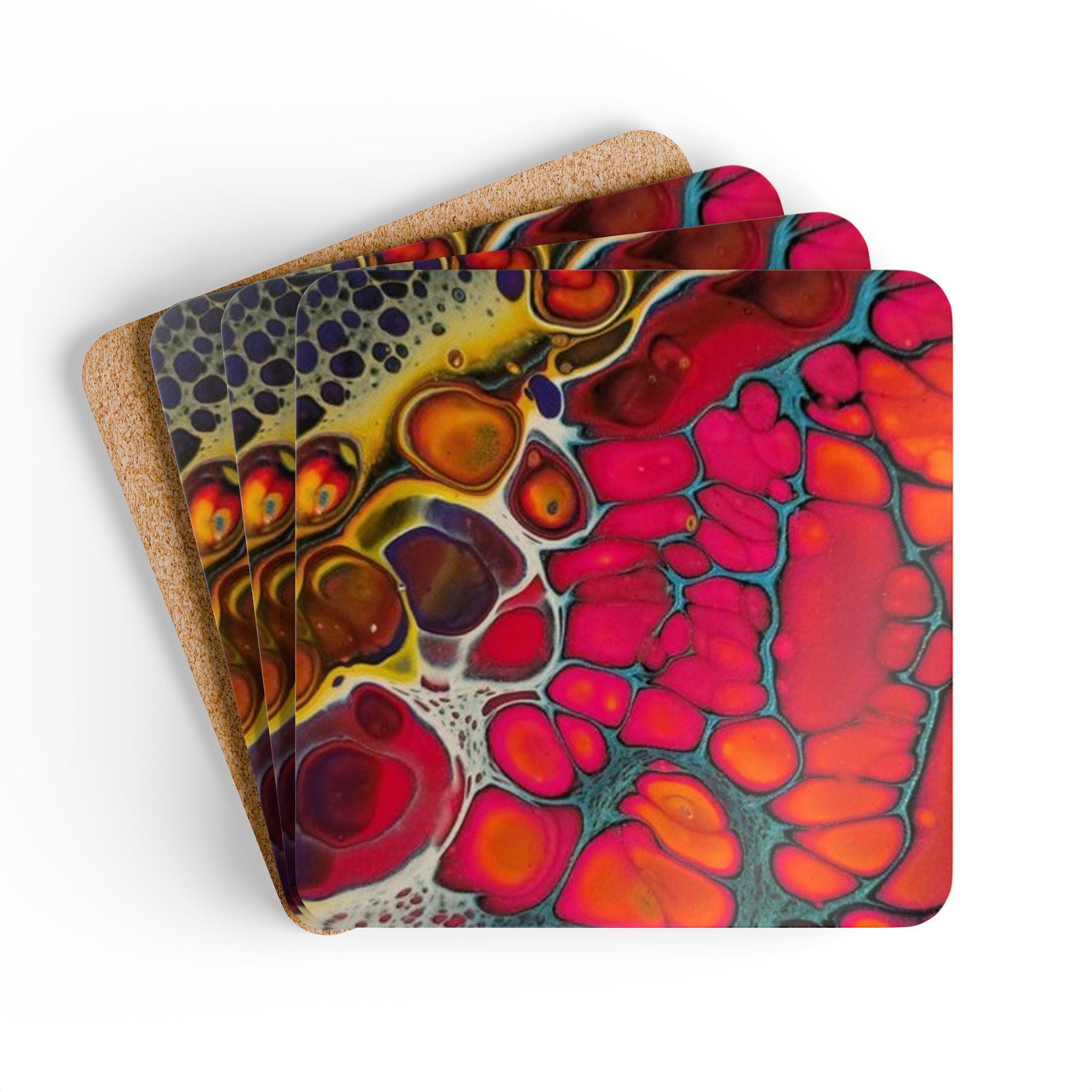Abstract Fluid Art Coaster Corkwood Coaster Set | Bright Red Orange Cells