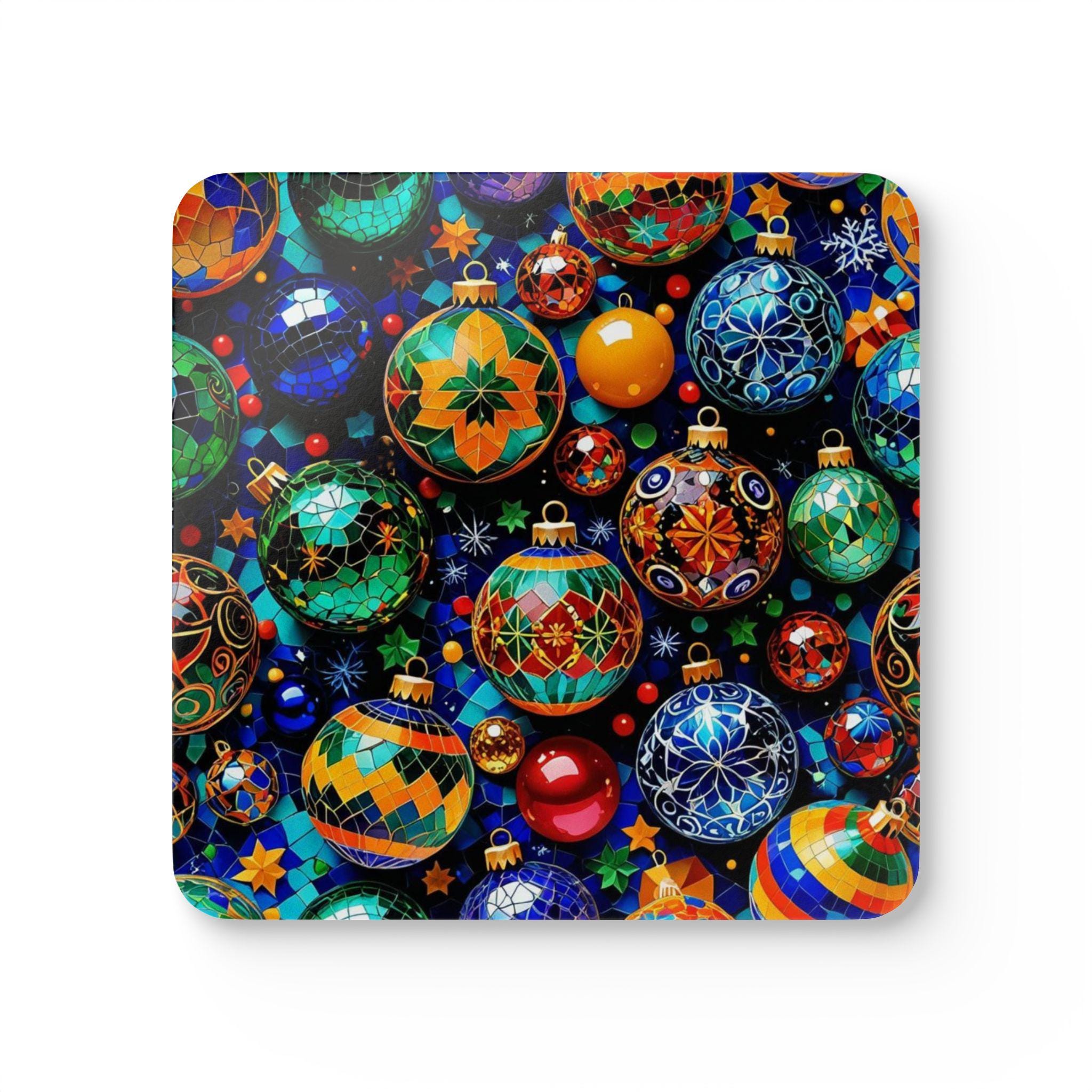 Colorful Christmas Ornaments Cork Coaster Set | Holiday Bauble Pattern