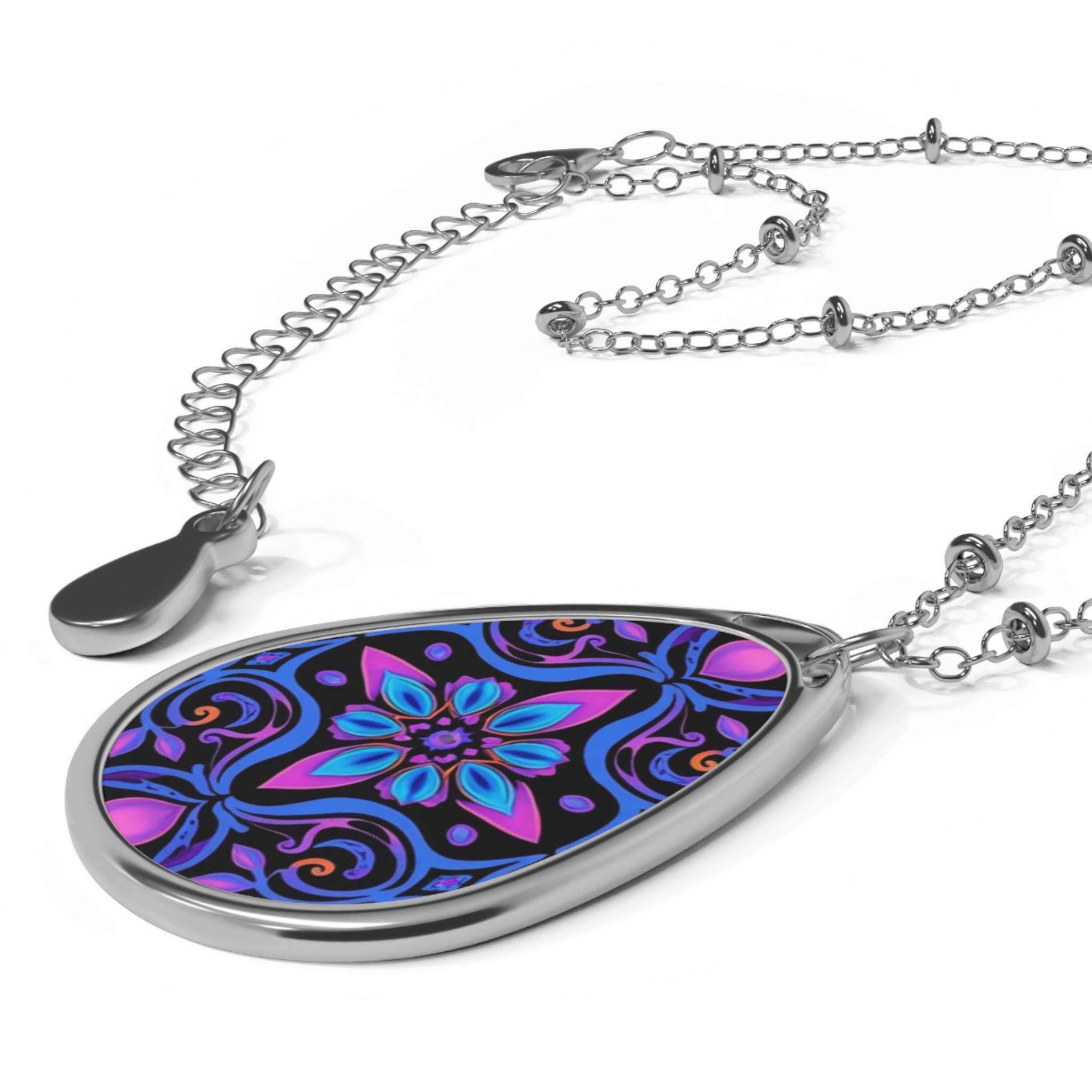 Purple Floral Necklace Oval Pendant, Floral Oval Necklace