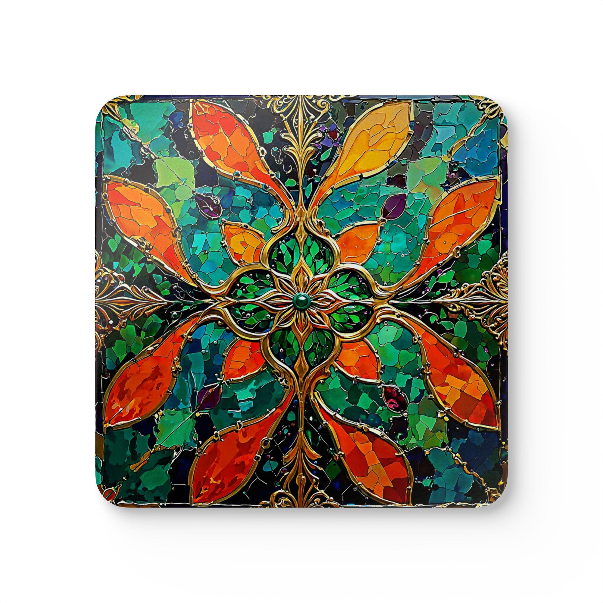 Stained Glass Floral Mandala Cork Coaster Set | Colorful Boho Tile Pattern