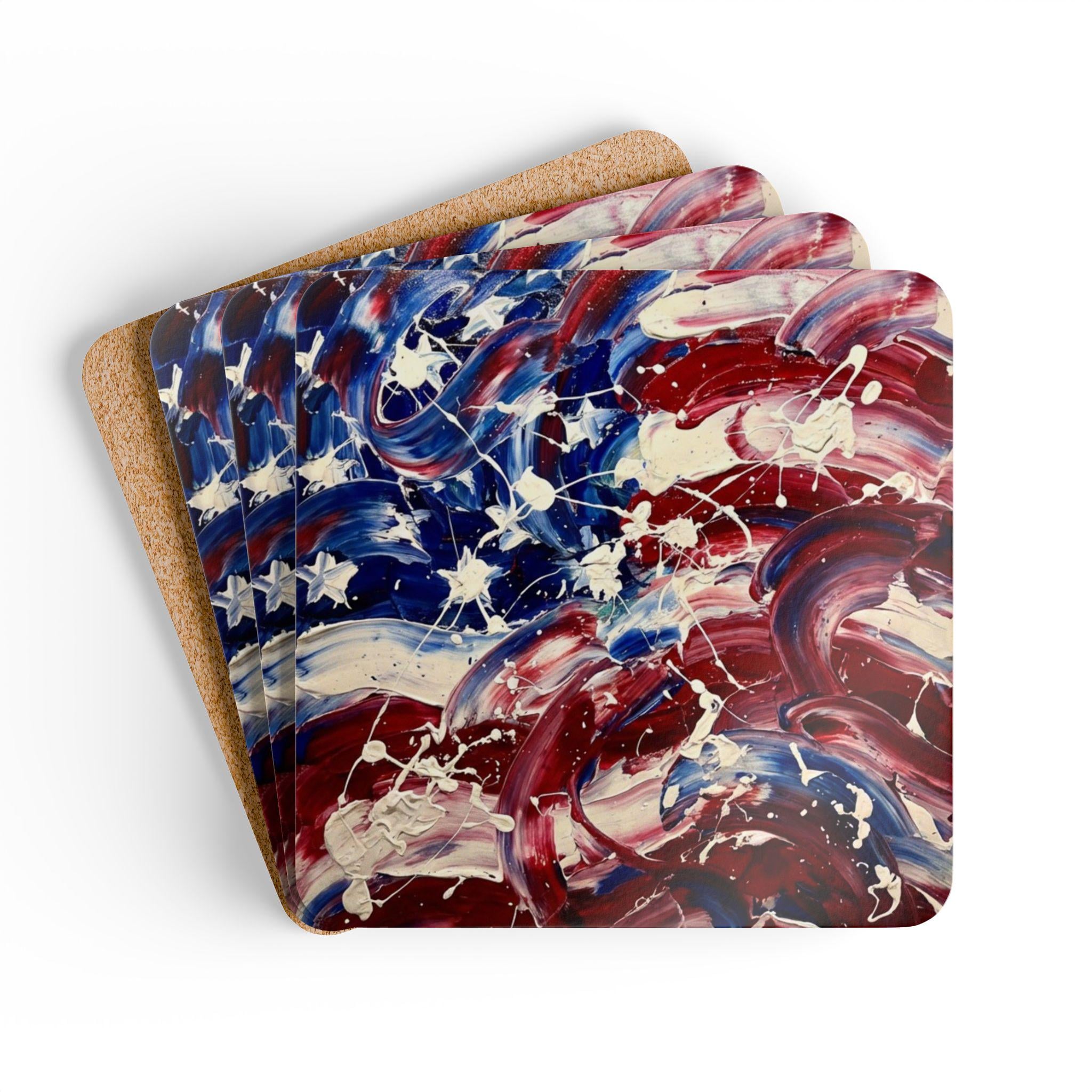 Abstract American Flag Cork Coaster Set | Patriotic Red White Blue Coasters