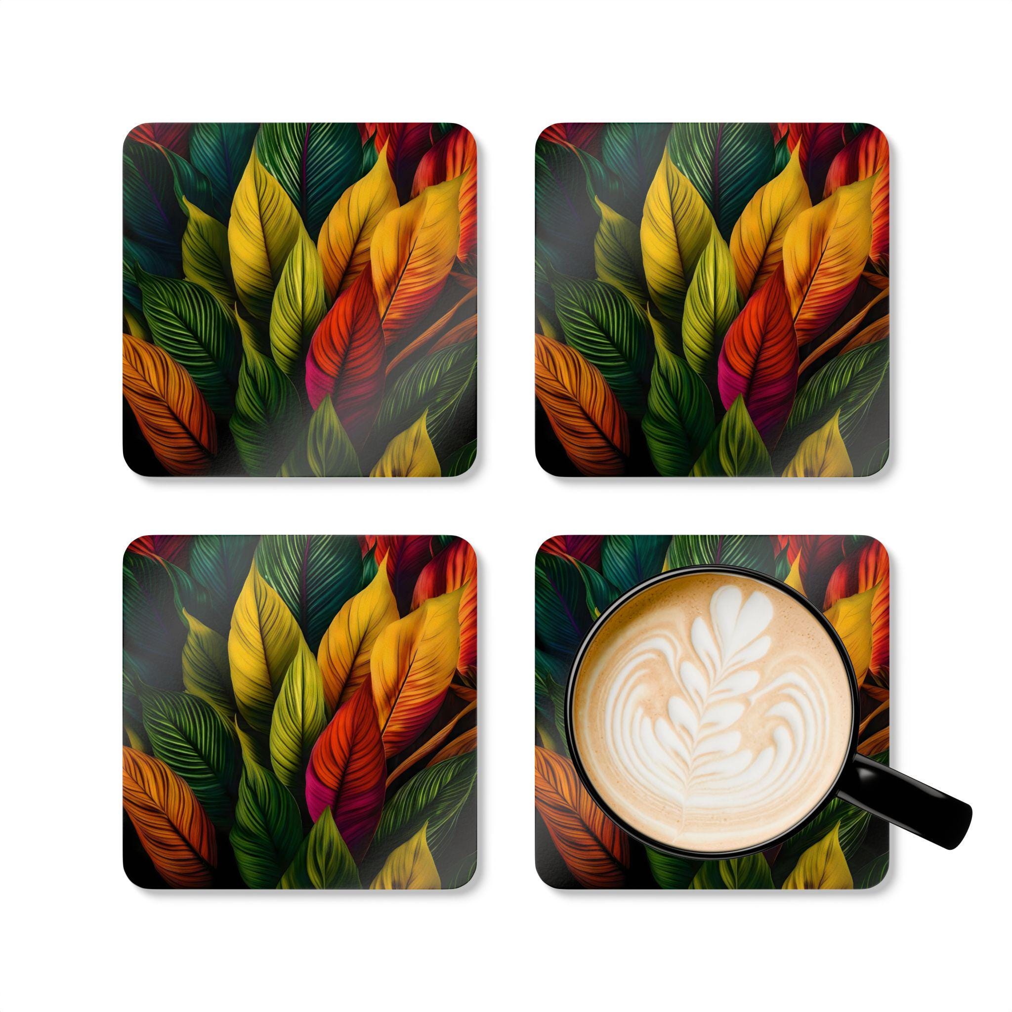 Colorful Tropical Leaves Corkwood Coaster Set | Botanical Drink Coasters