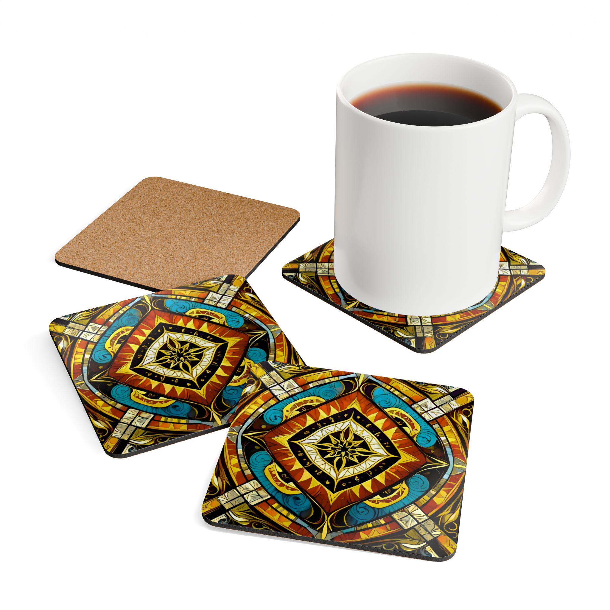 Geometric Boho Mandala Corkwood Coasters | Tribal Tile Drink Coaster Set