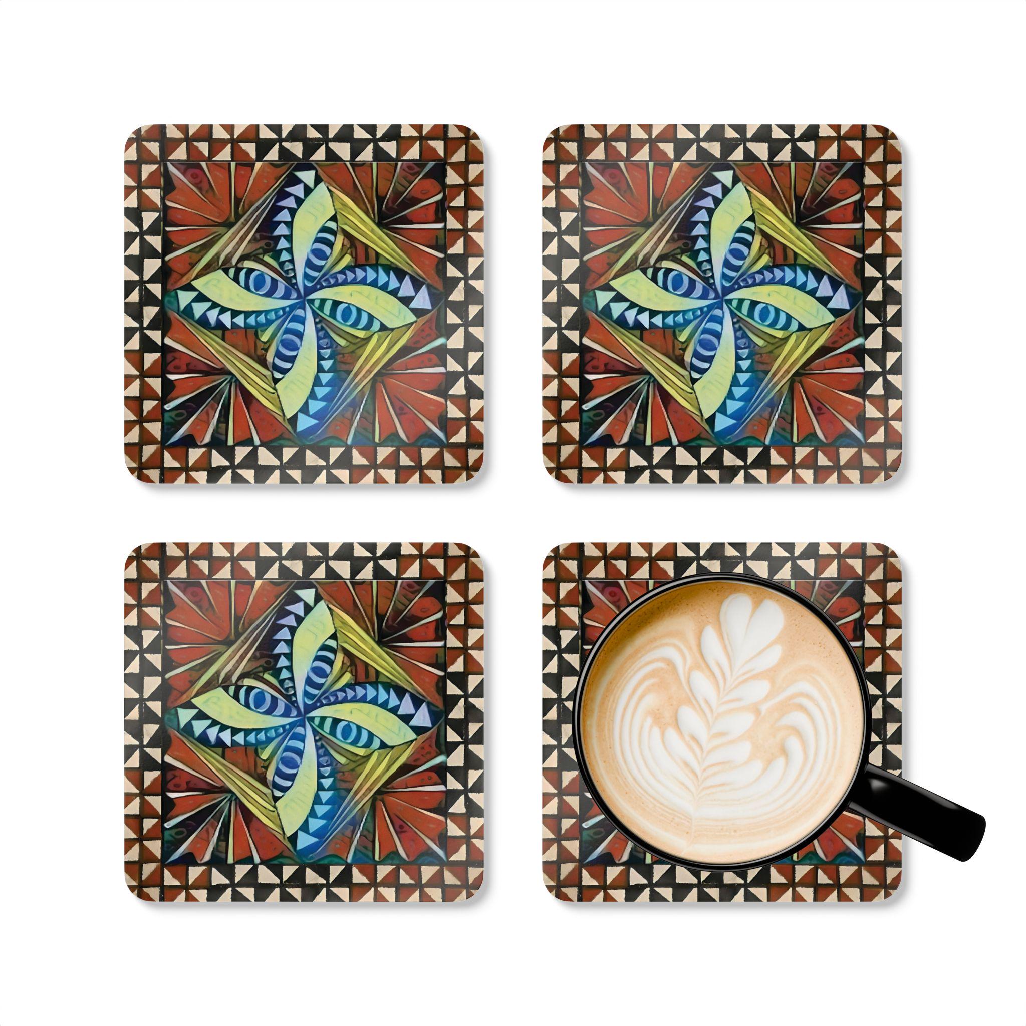 Polynesian pattern Cork Coaster Set | Colorful Tribal Tile Design