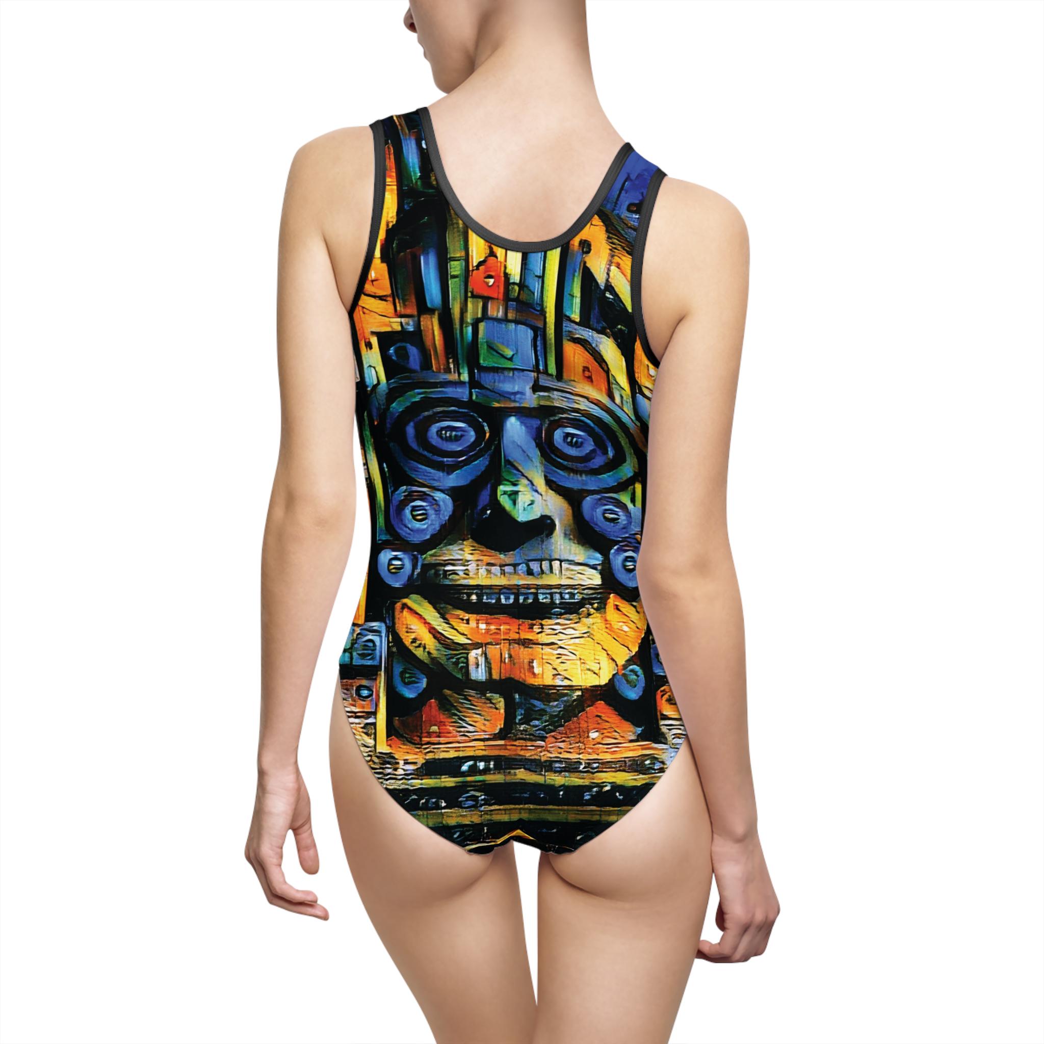 Colorful Tribal Mask Swimsuit | One-Piece Abstract Aztec Design