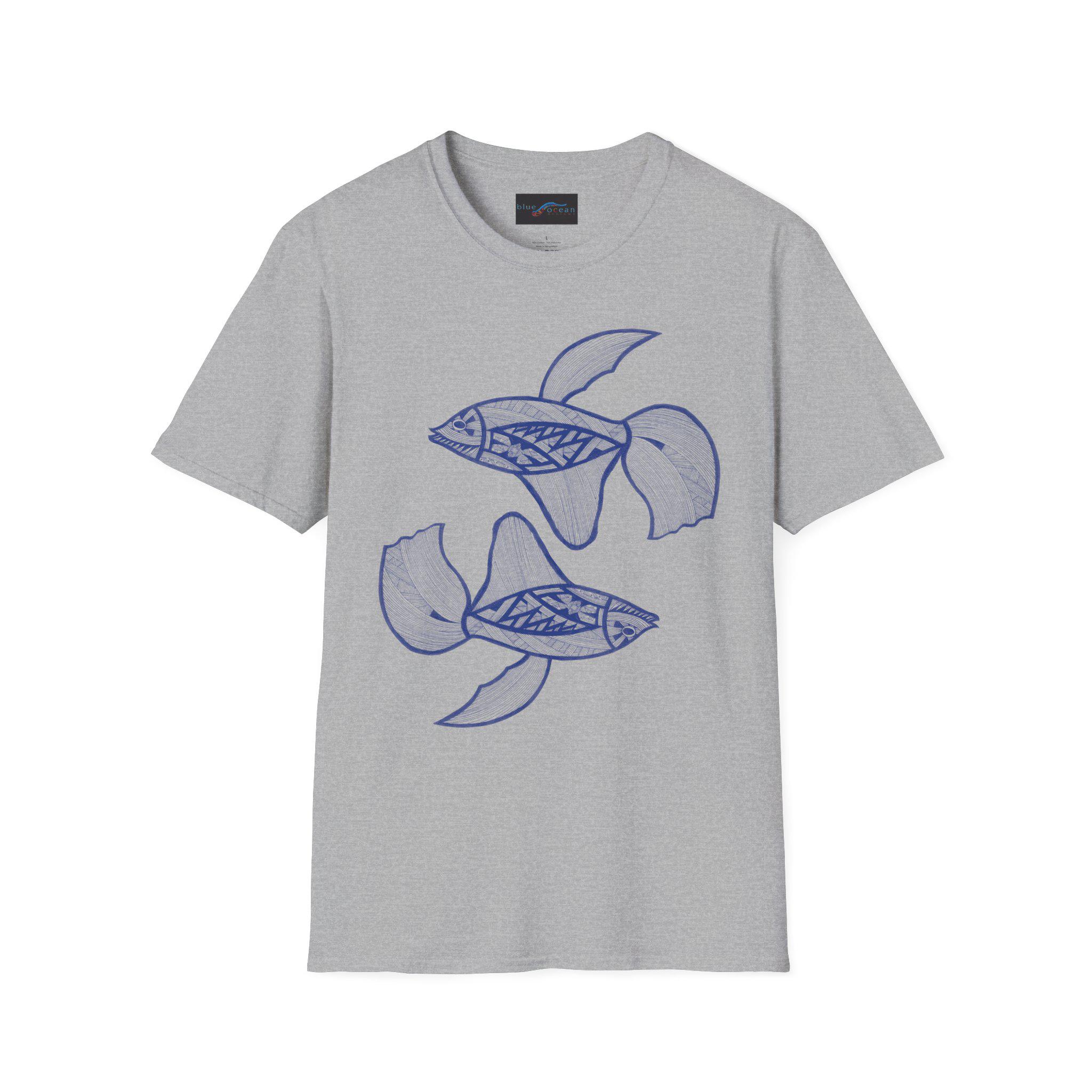 Hand-Drawn Koi Fish Illustration T-Shirt | Blue Line Art, Minimalist Aquatic