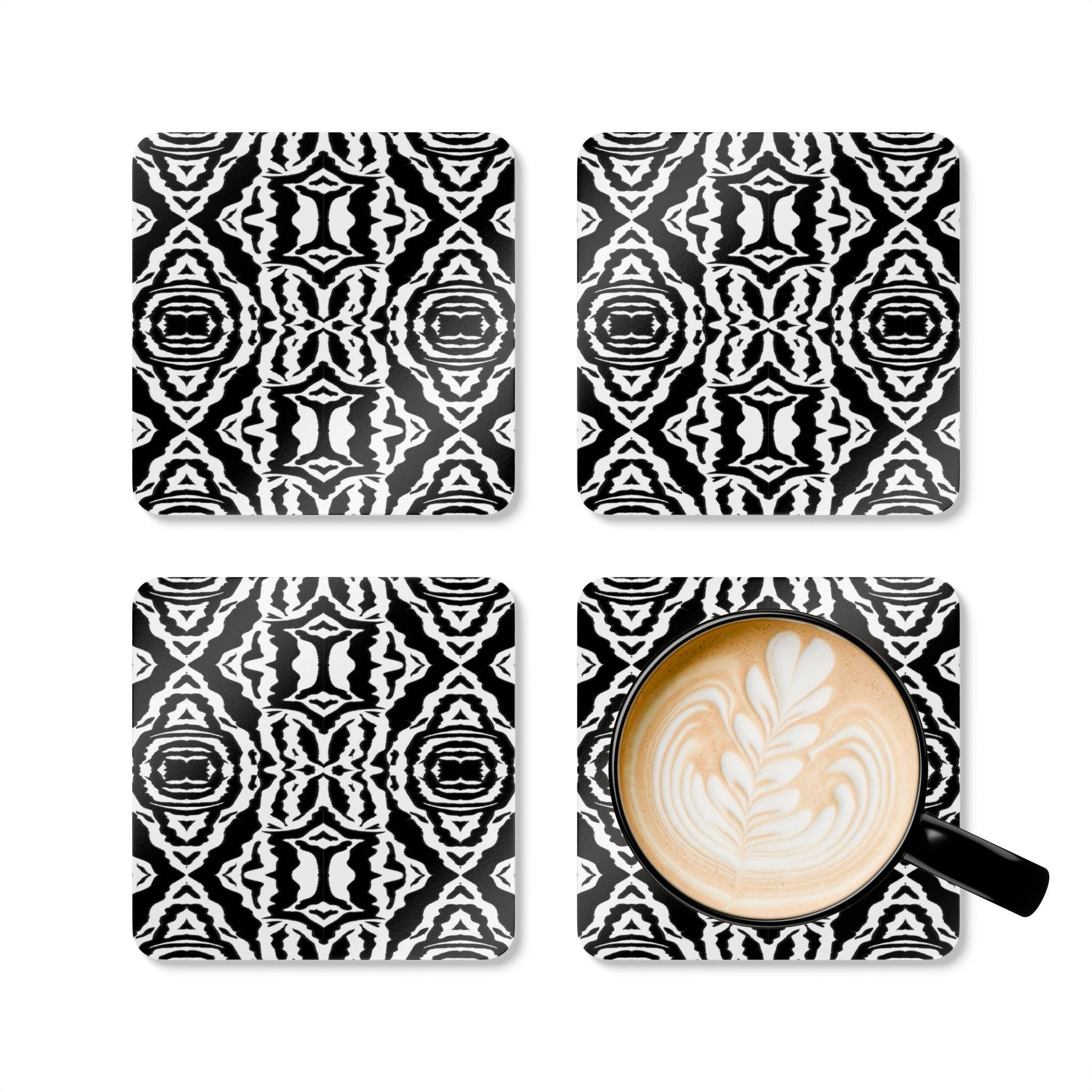 Black White Ikat Pattern Cork Coaster
