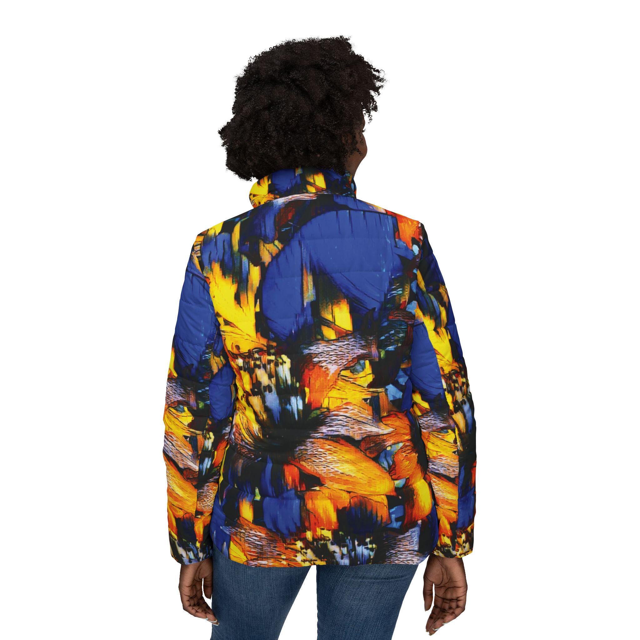 Abstract Floral Burst Women’s Puffer Jacket — Bold Blue & Orange All-Over Print