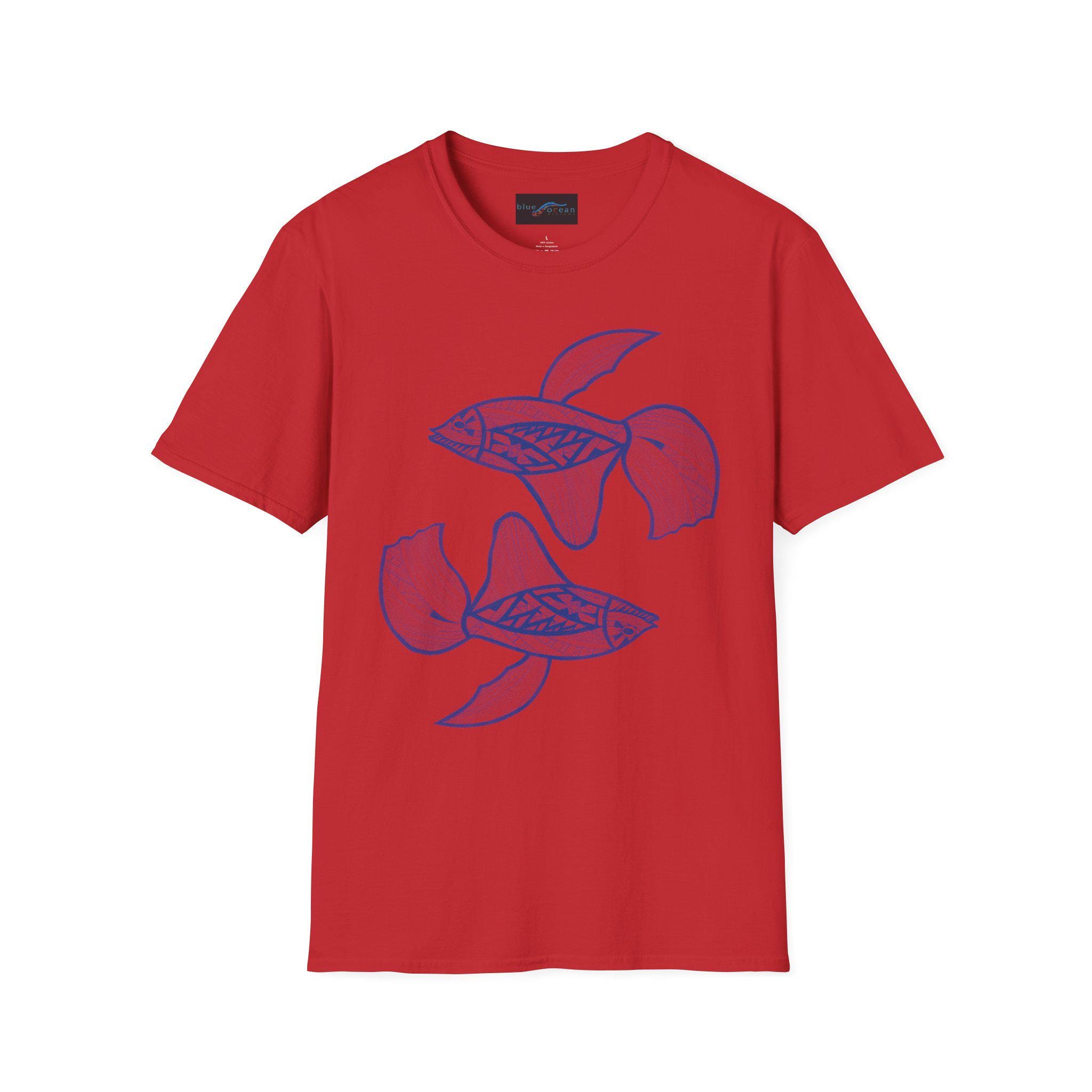 Hand-Drawn Koi Fish Illustration T-Shirt | Blue Line Art, Minimalist Aquatic
