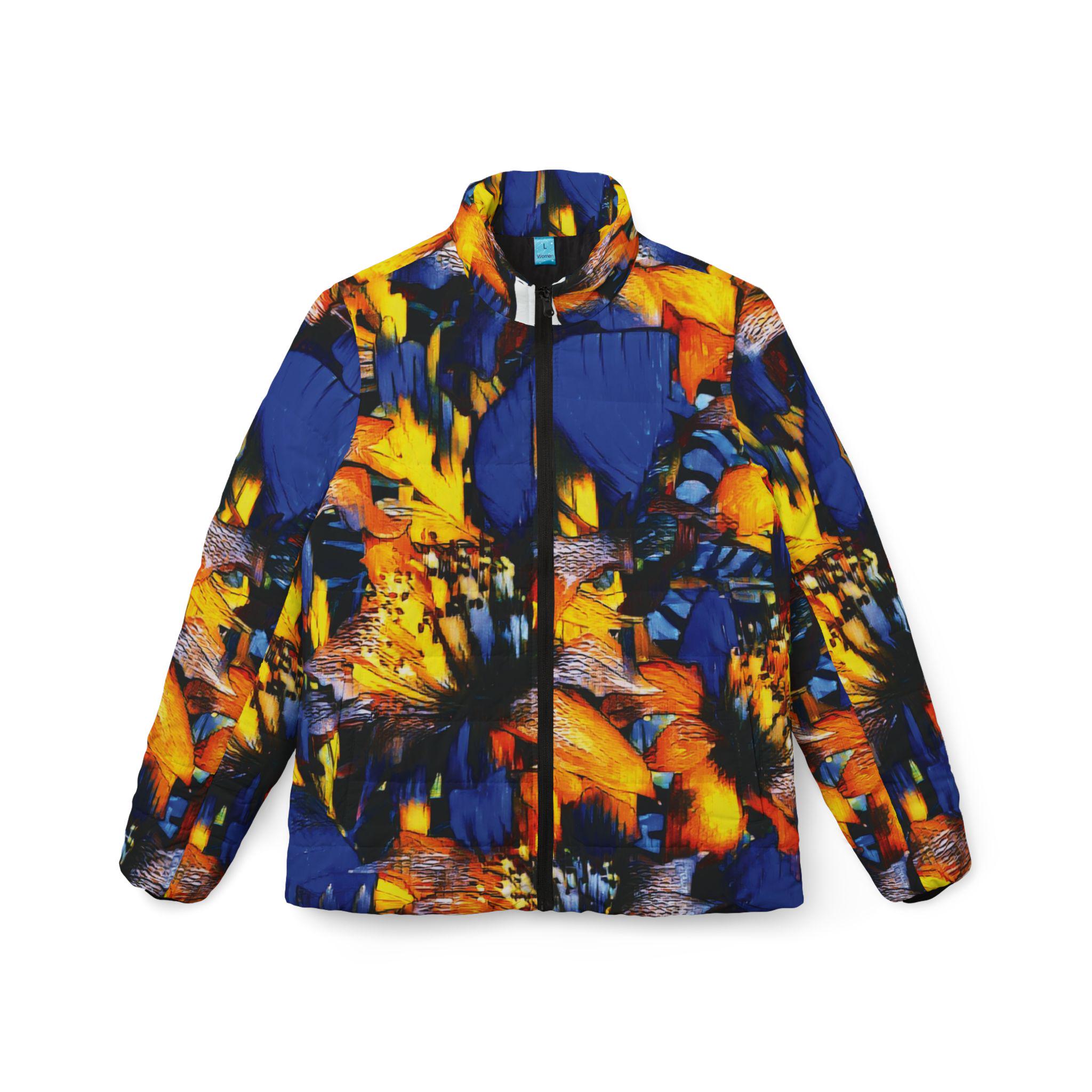 Abstract Floral Burst Women’s Puffer Jacket — Bold Blue & Orange All-Over Print