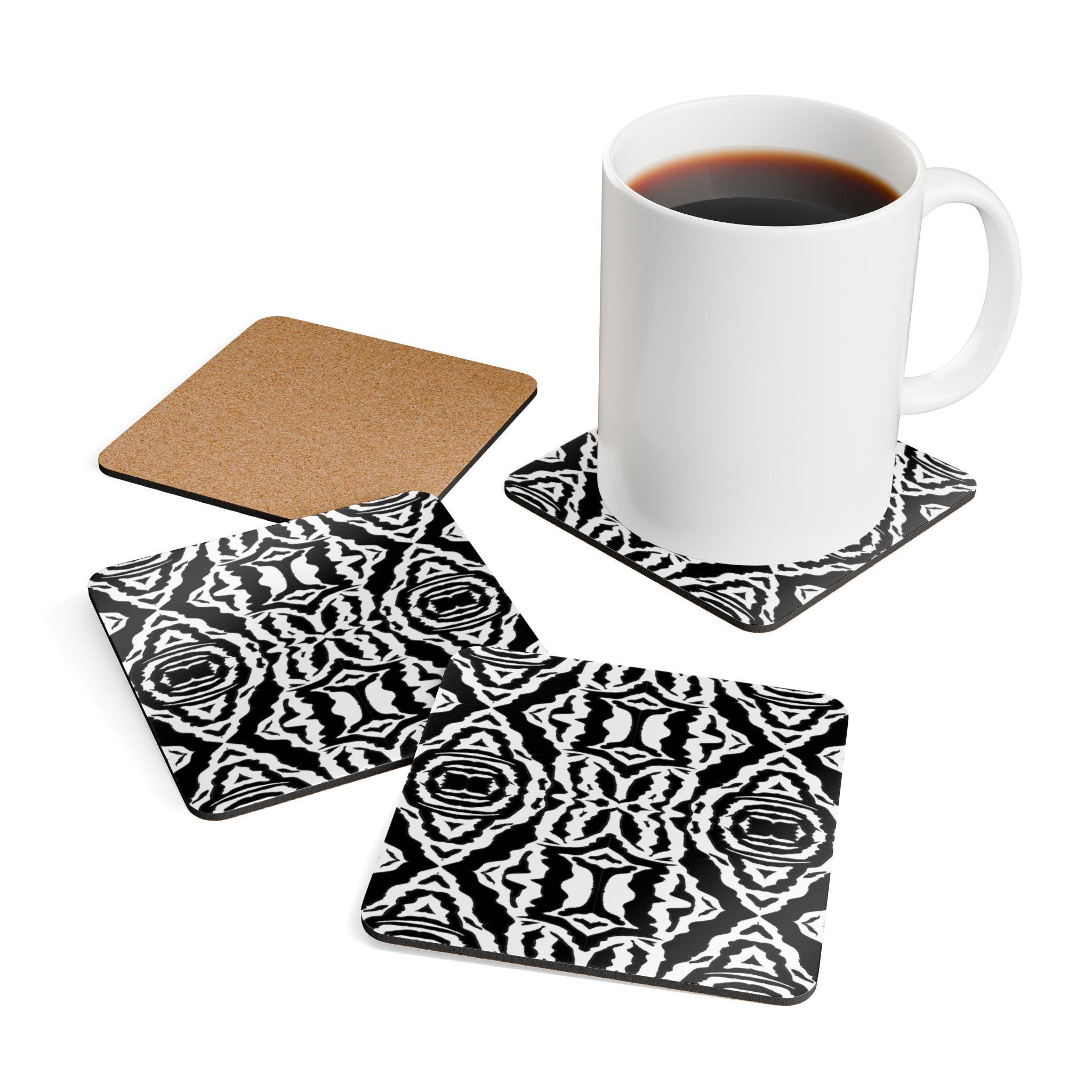 Black White Ikat Pattern Cork Coaster