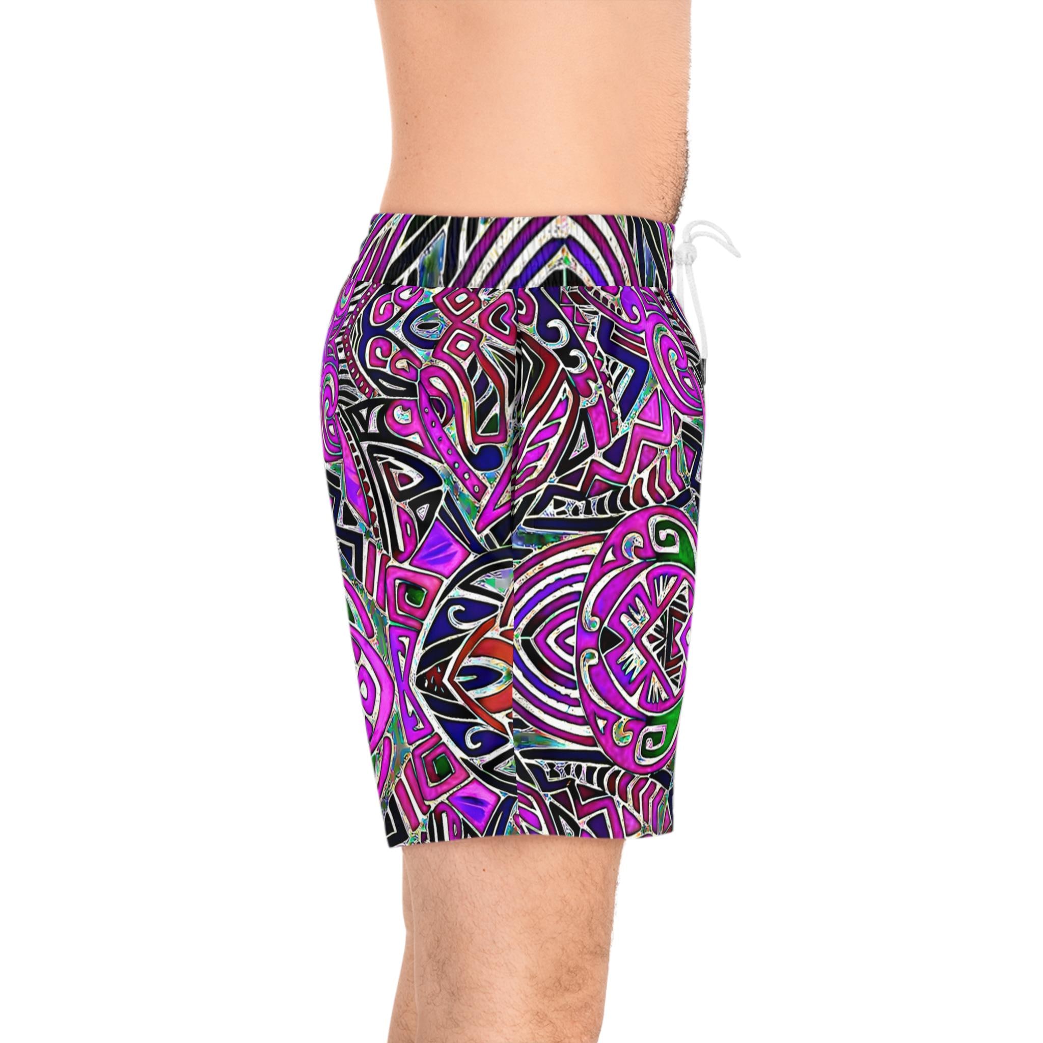 Neon Tribal Geometric Print Swim Shorts | Men's Mid-Length