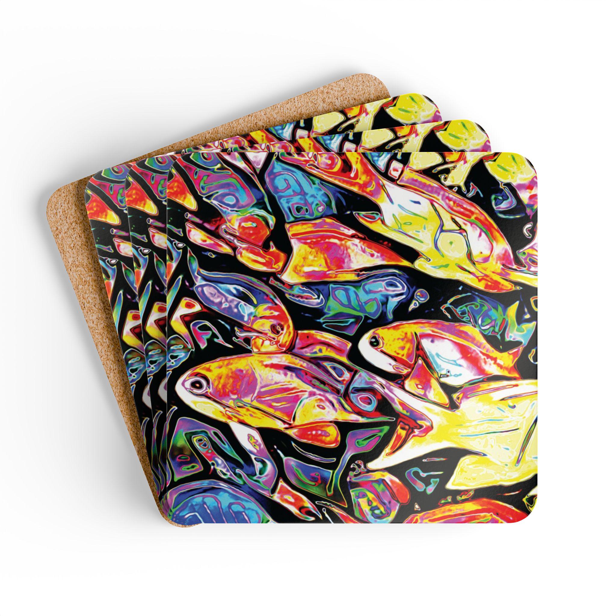 Colorful Reef Fish Cork Coaster Set | Vibrant School of Fish Drink Coasters