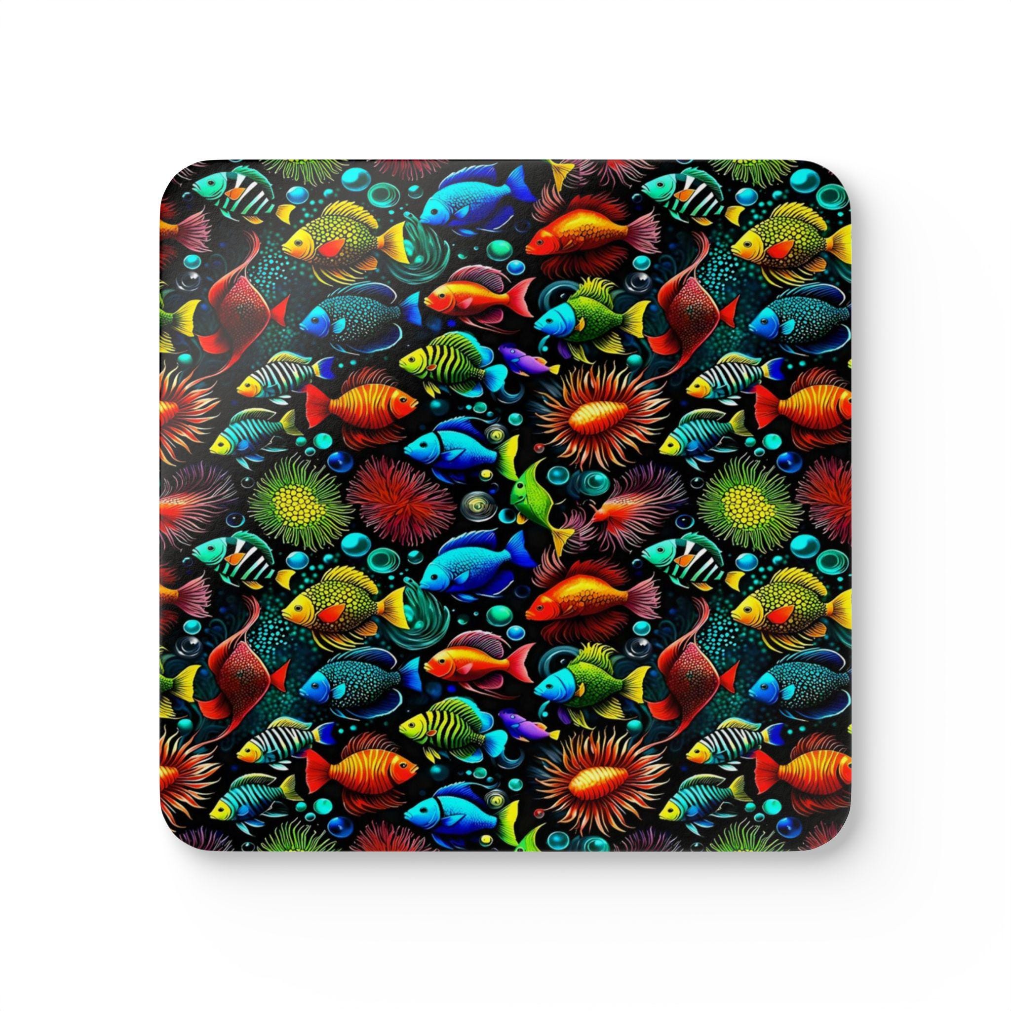 Colorful Tropical Fish Cork Coaster Set | Ocean Reef Pattern