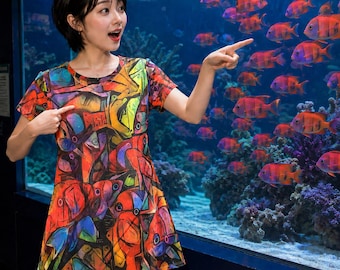 Buntes Abstraktes Fisch-Muster T-Shirt Kleid | Allover-Druck