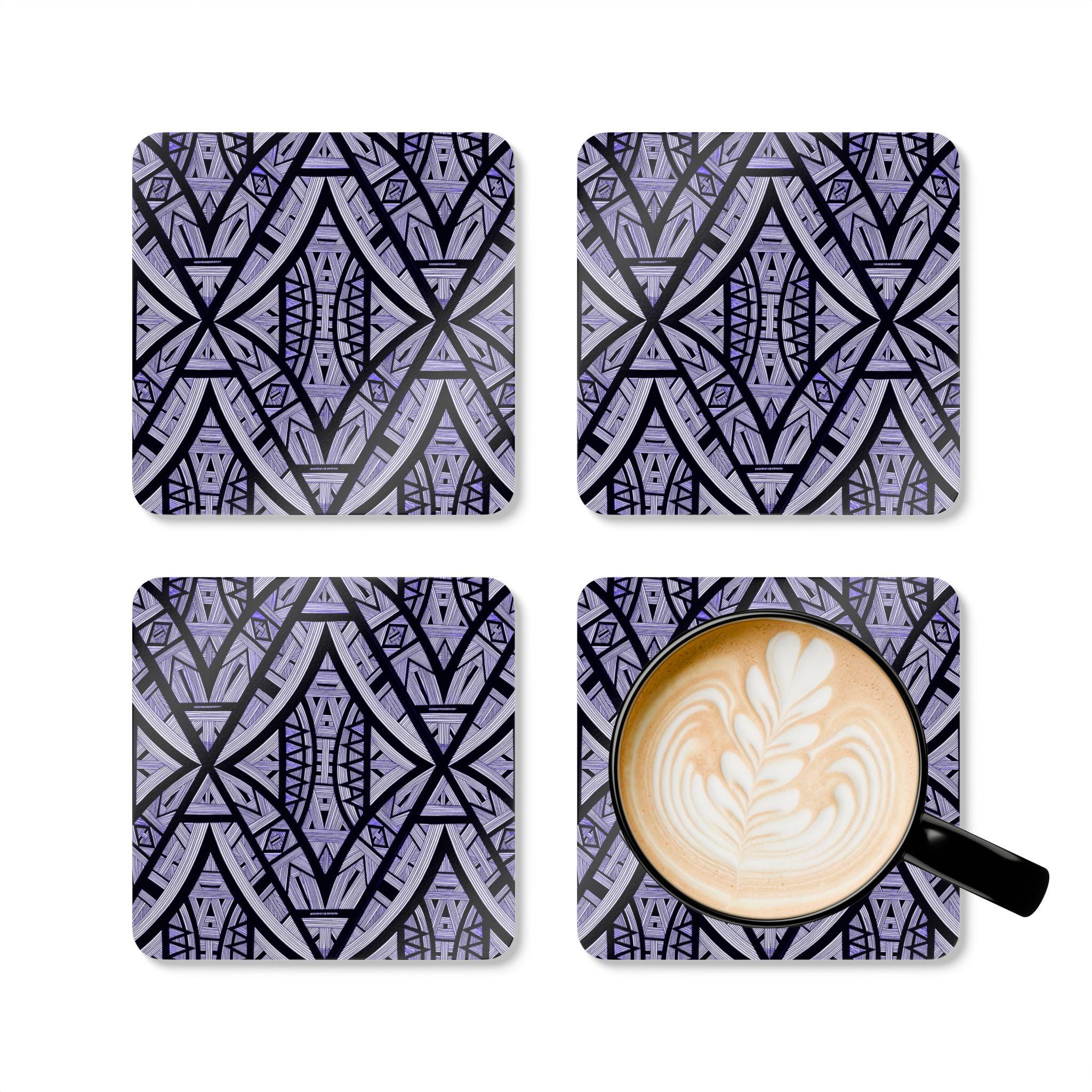 Geometric Tribal Pattern Corkwood Coaster Set | Purple Aztec Tiles