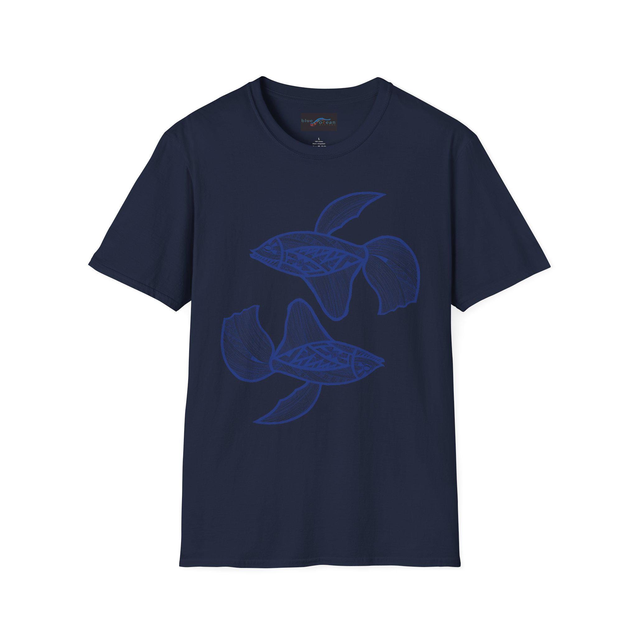 Hand-Drawn Koi Fish Illustration T-Shirt | Blue Line Art, Minimalist Aquatic