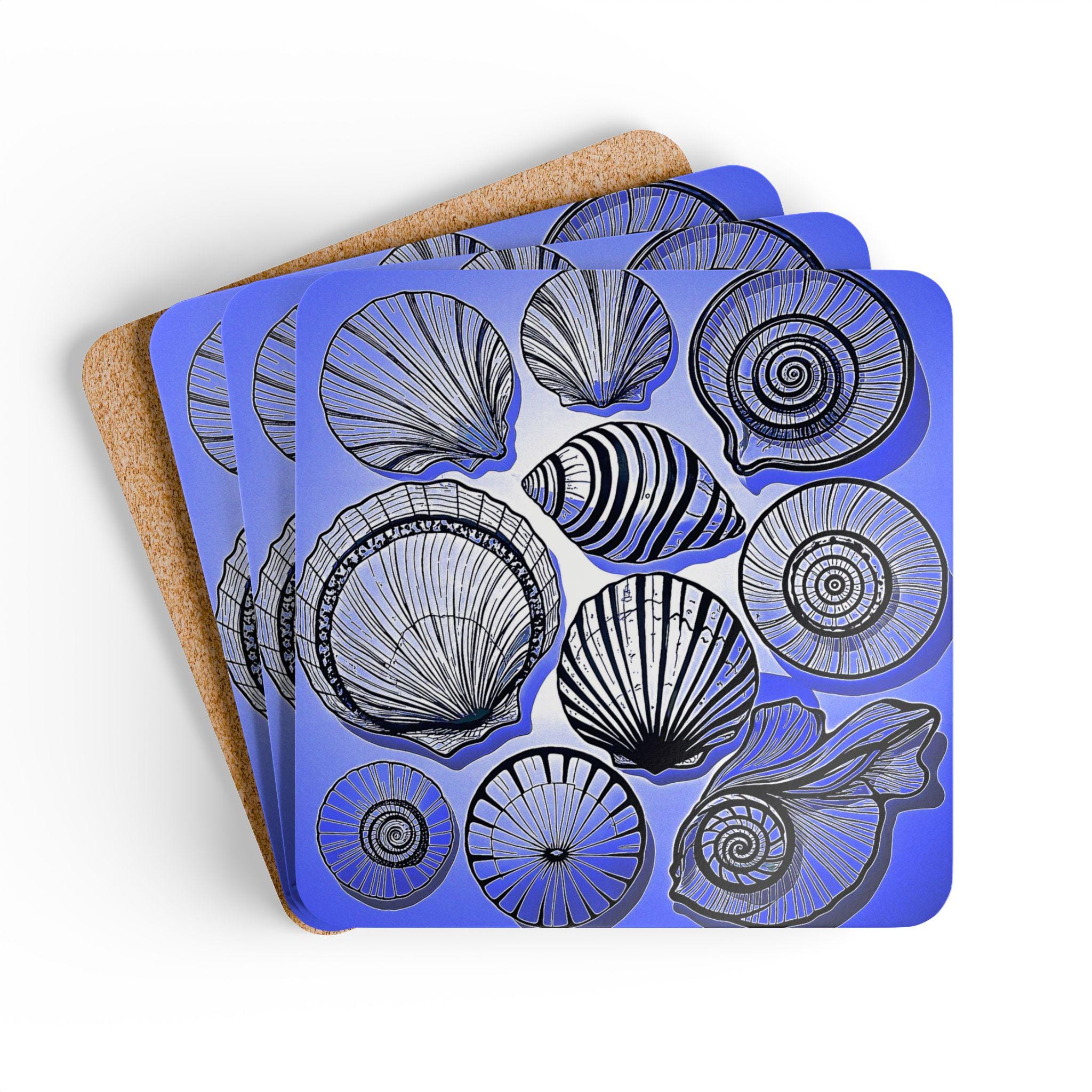 Blue Seashell Illustration Cork Coaster Set | Beach Shells Drink Coasters