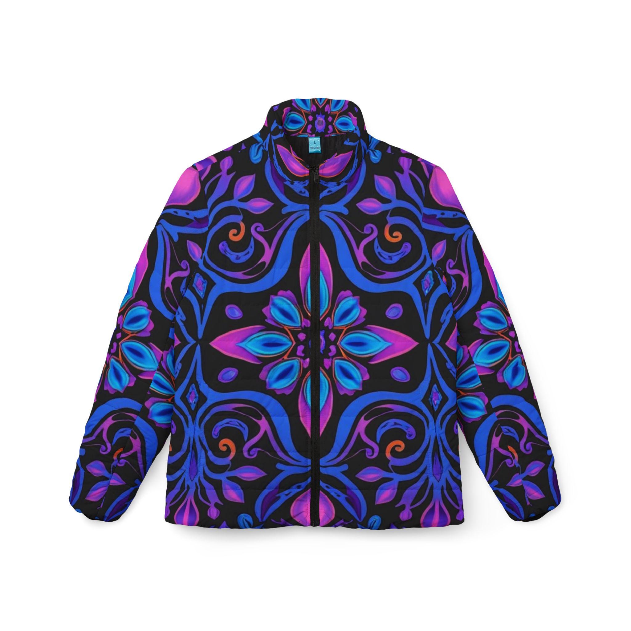 Bright Floral Allover Print Womens Puffer Jacket | Colorful Botanical Pattern
