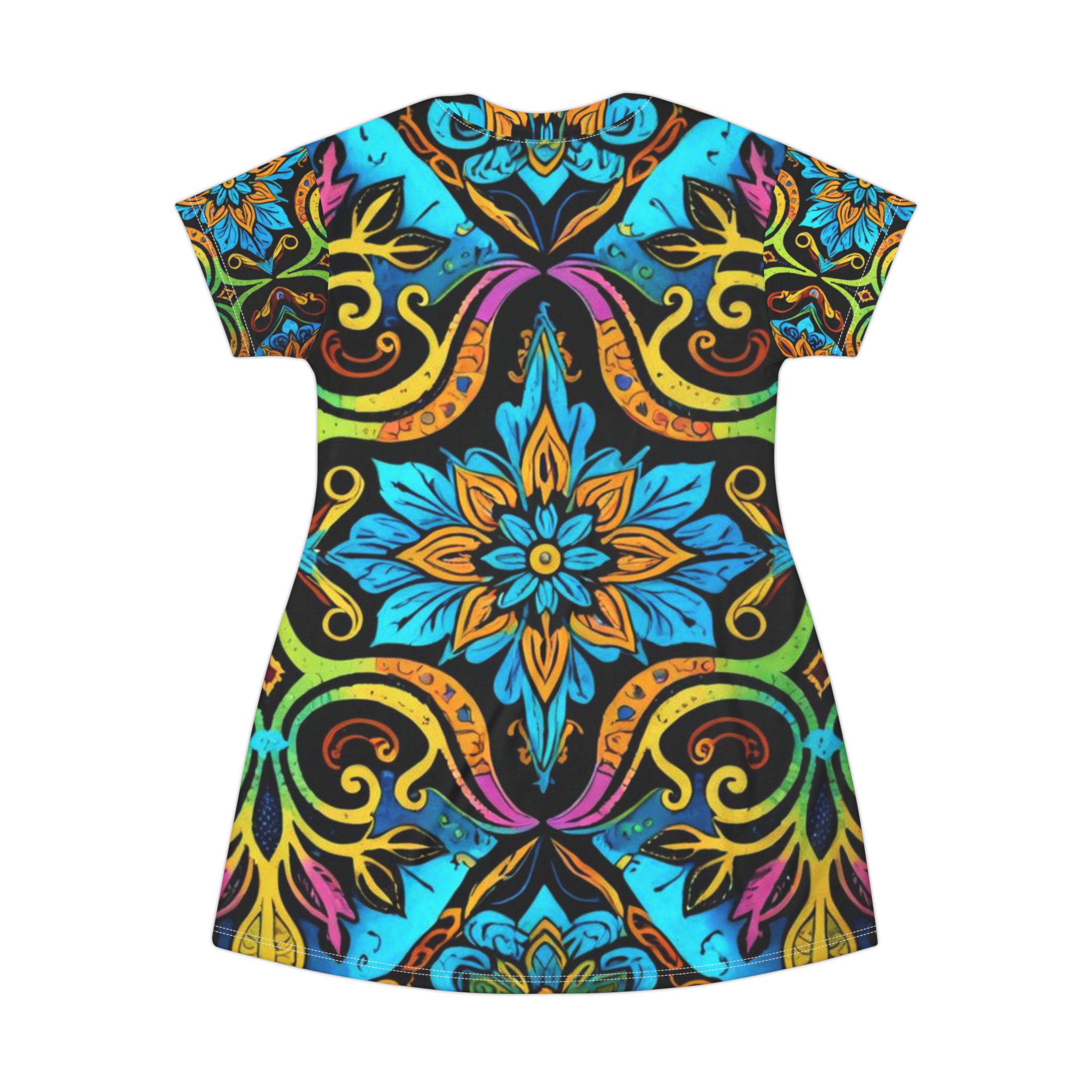 Colorful Floral Mandala T-Shirt Dress | Boho Kaleidoscope Print
