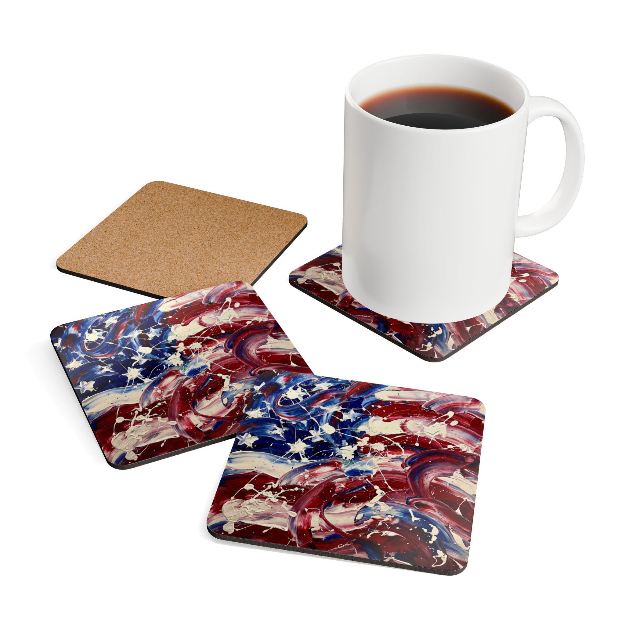 Abstract American Flag Cork Coaster Set | Patriotic Red White Blue Coasters