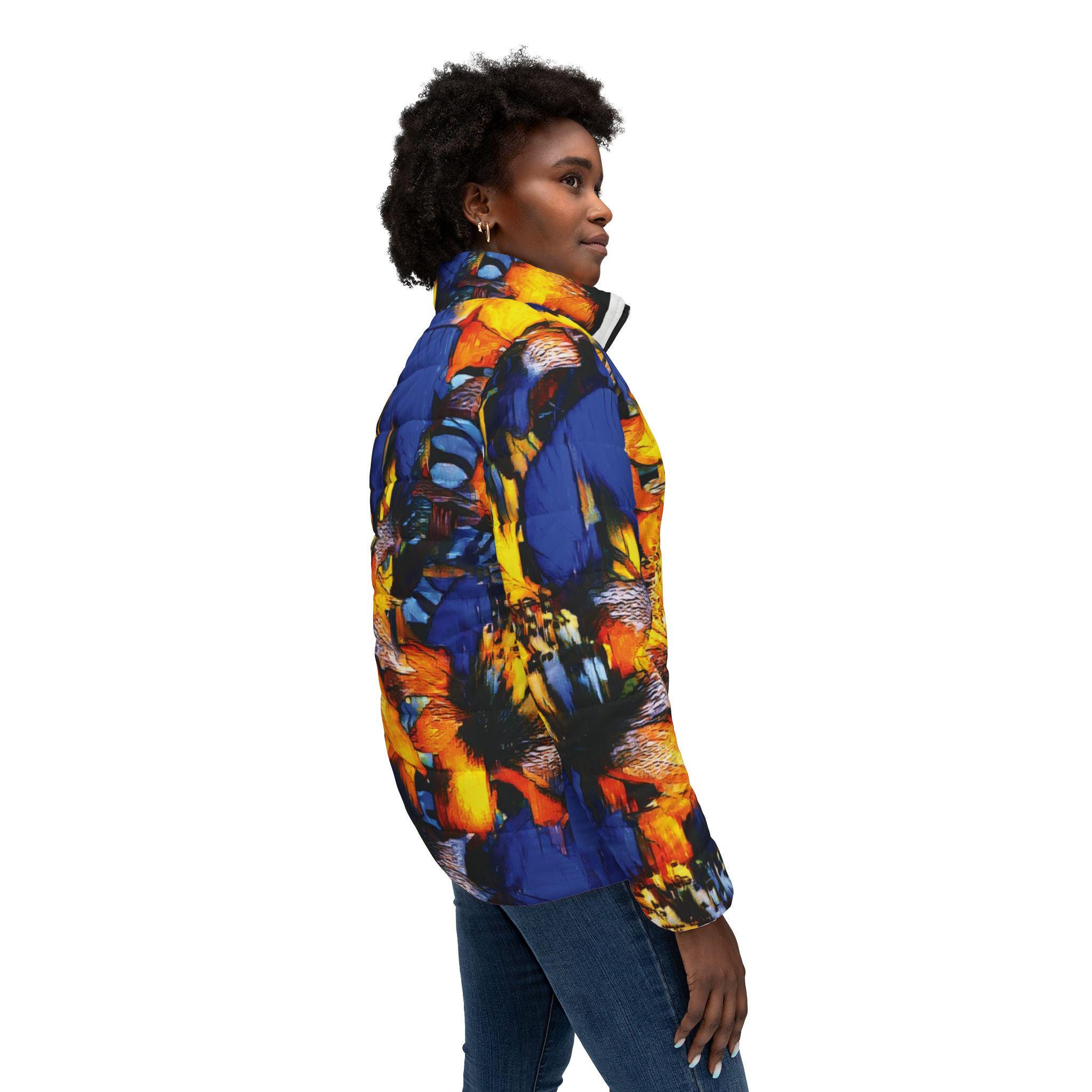 Abstract Floral Burst Women’s Puffer Jacket — Bold Blue & Orange All-Over Print