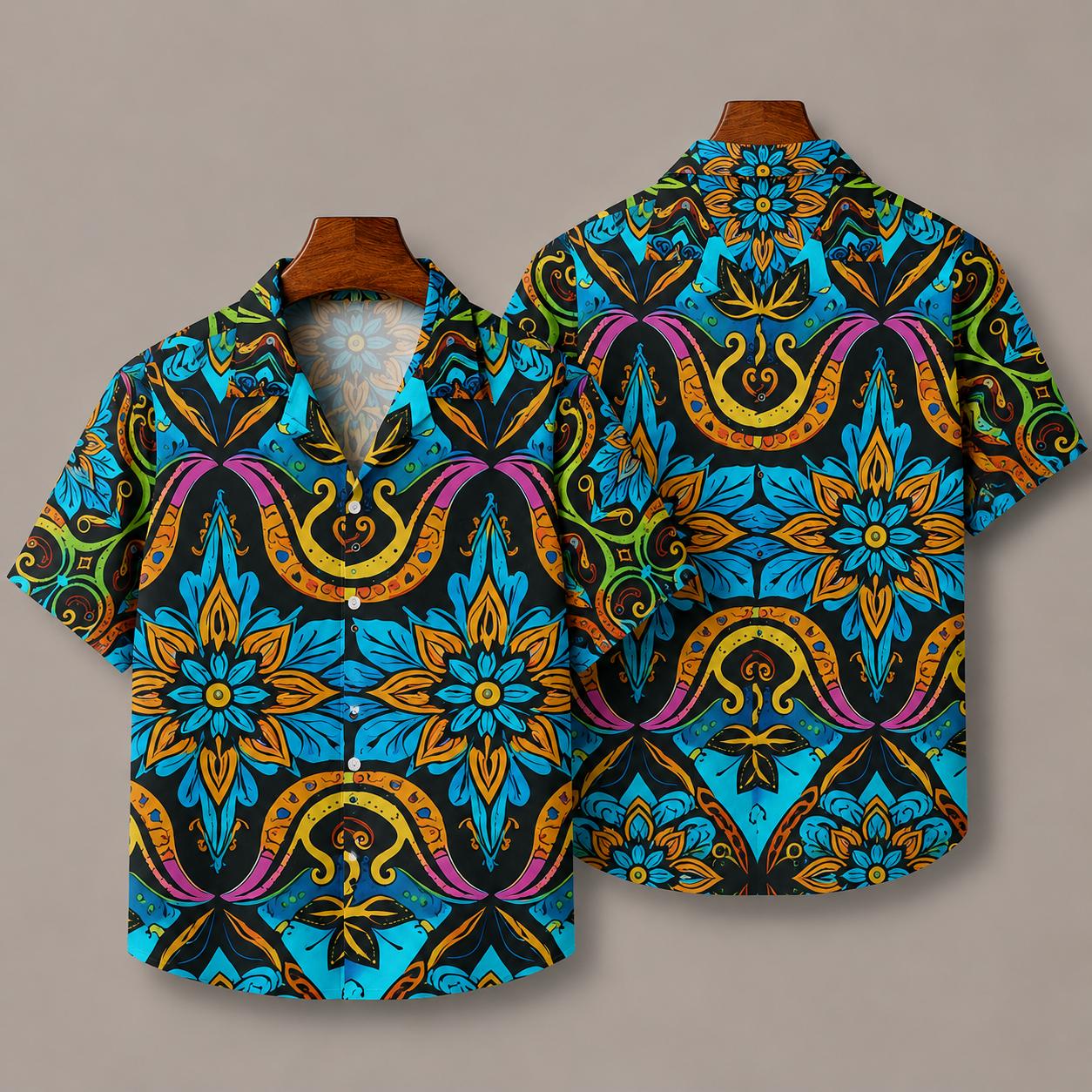 Blue Floral Mosaic Hawaiian Shirt | Tropical AOP Pattern