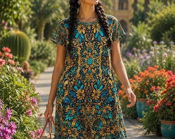 Türkis und Gold Blumen Kaleidoskop T-Shirt Kleid | Allover-Druck