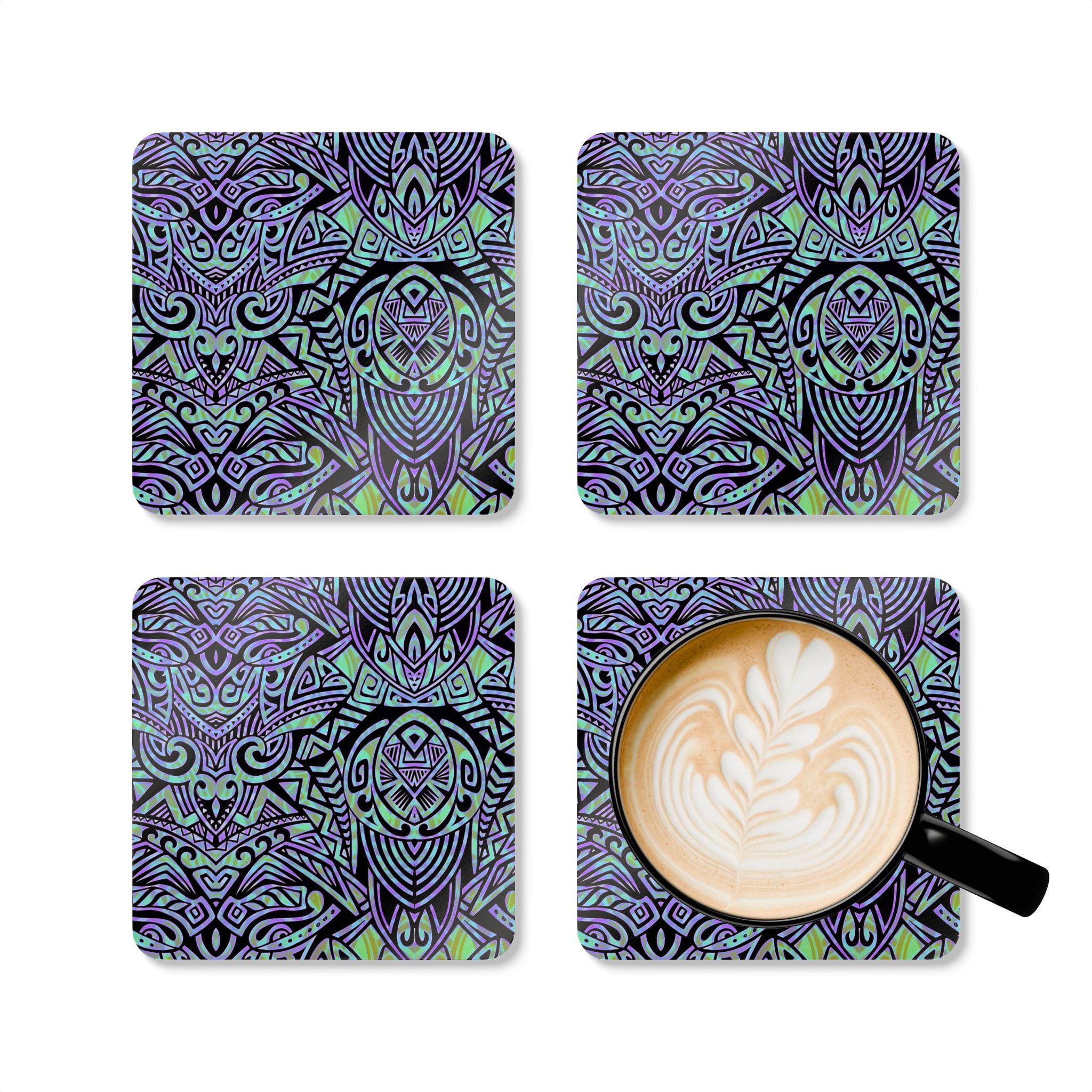 Teal Purple Tribal Owl Cork Coaster Set | Boho Geometric Drink Coasters