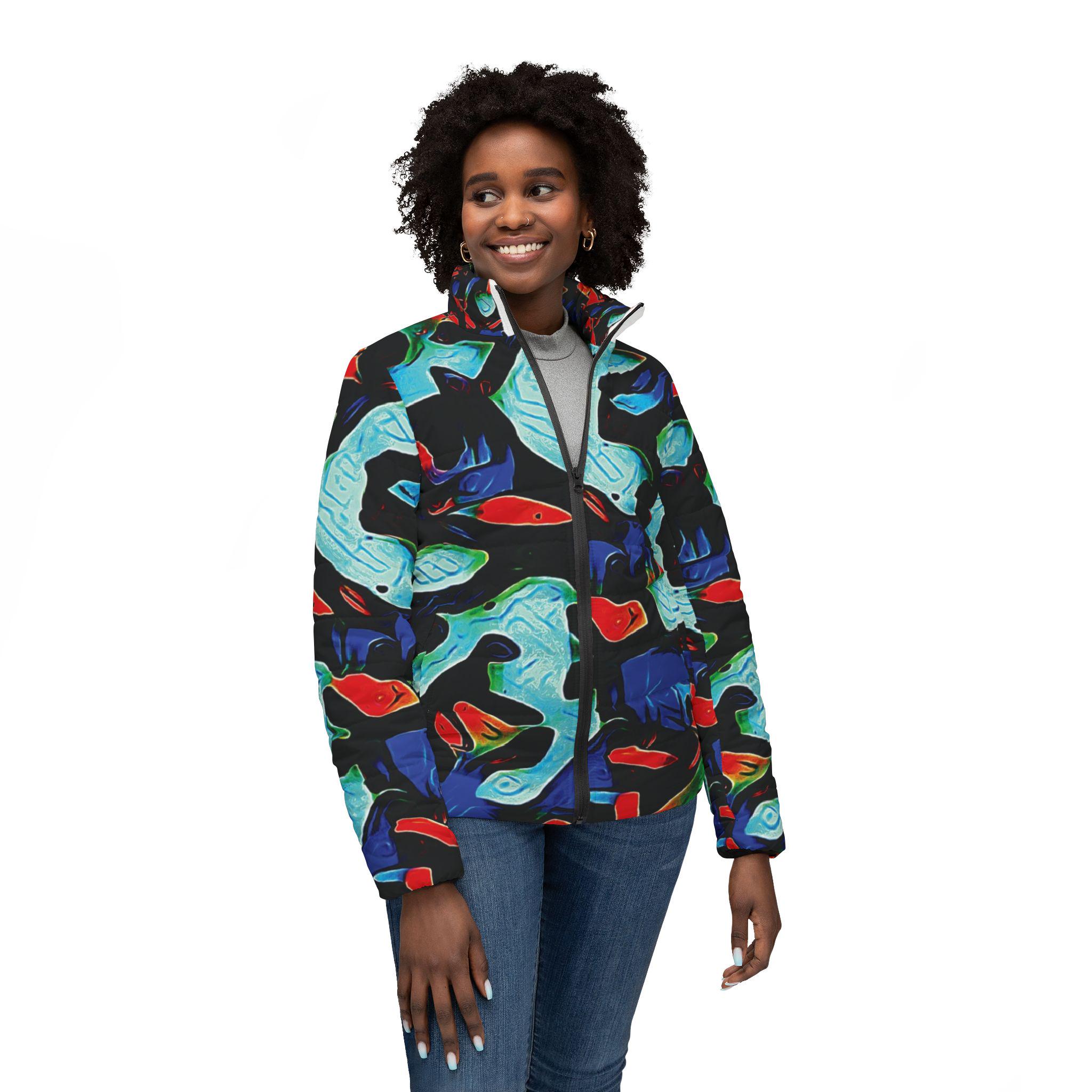 Abstract Ocean Waves Women’s Puffer Jacket — Colorful All-Over Print