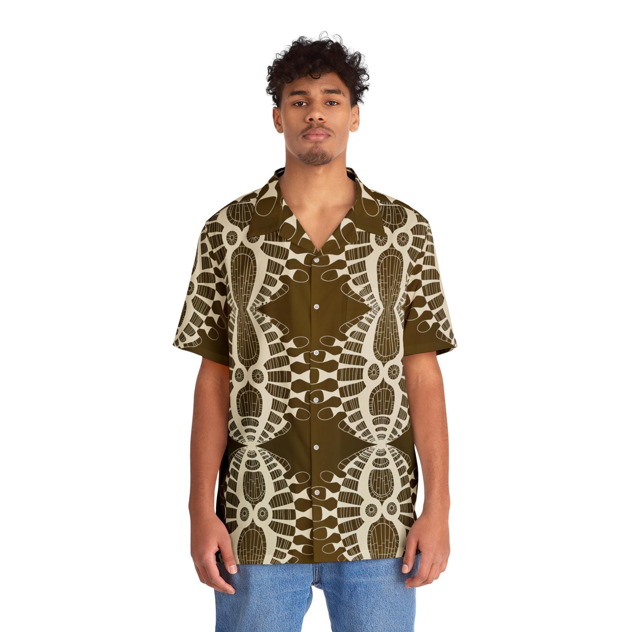 Tribal Geometric Pattern Hawaiian Shirt - Brown AOP