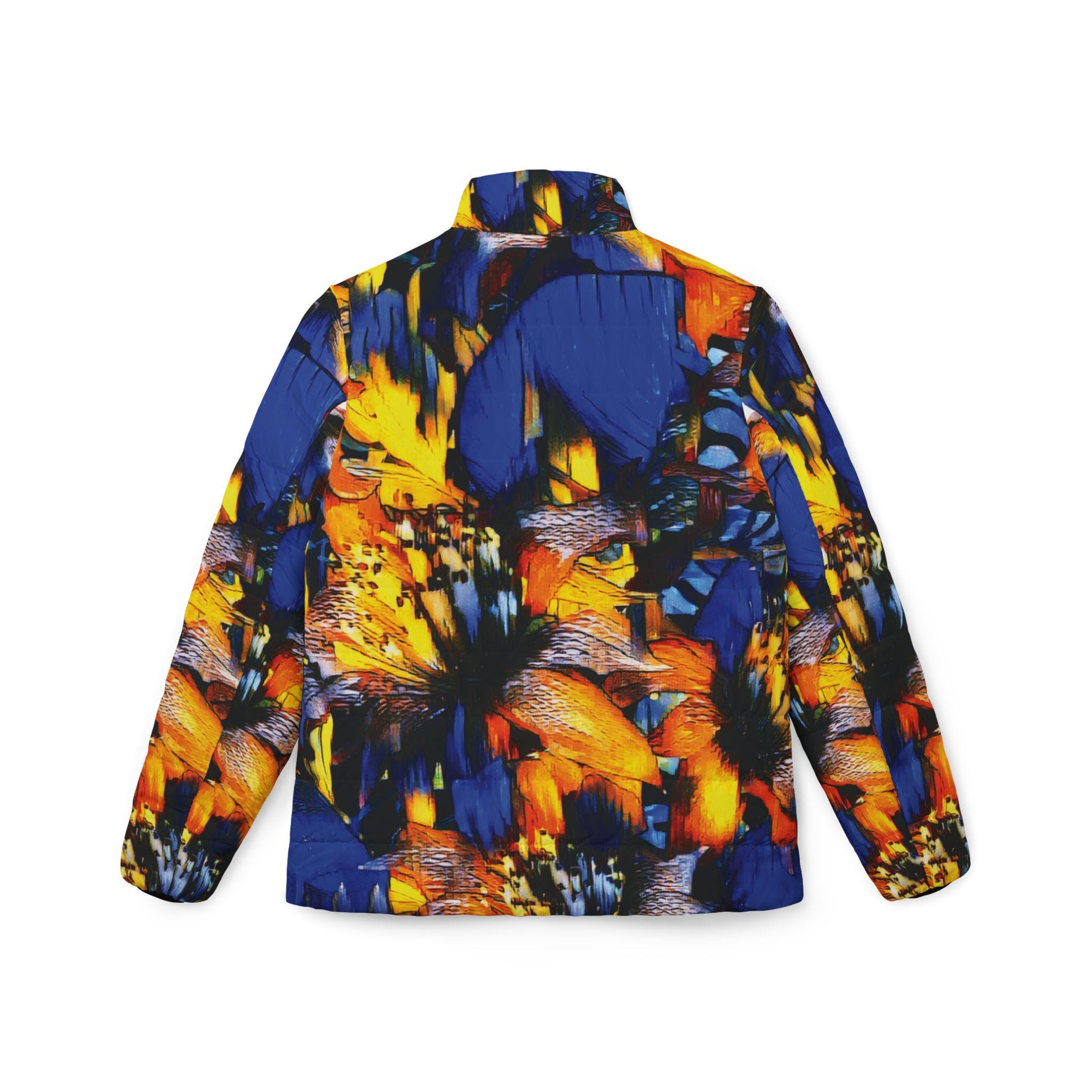 Abstract Floral Burst Women’s Puffer Jacket — Bold Blue & Orange All-Over Print