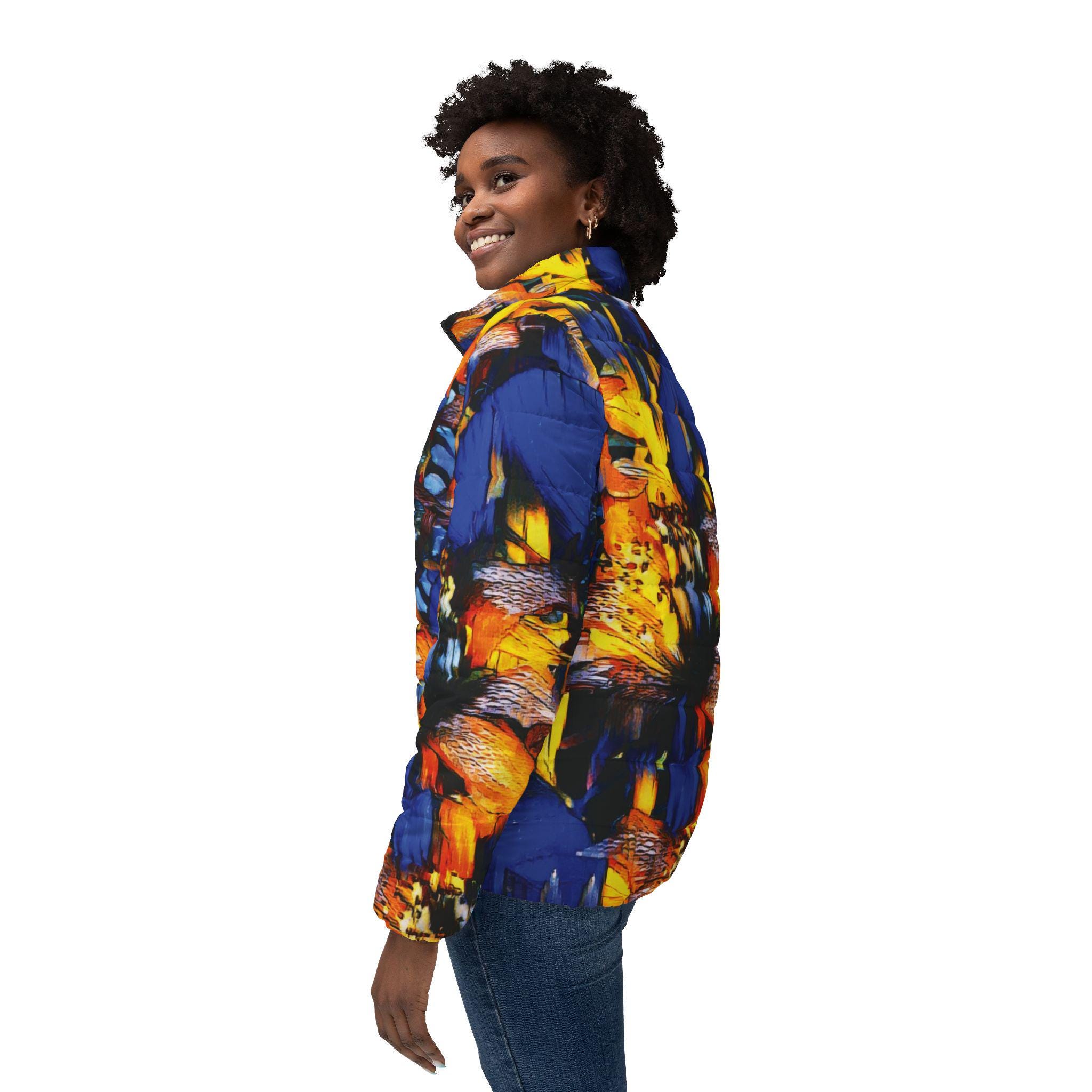 Abstract Floral Burst Women’s Puffer Jacket — Bold Blue & Orange All-Over Print