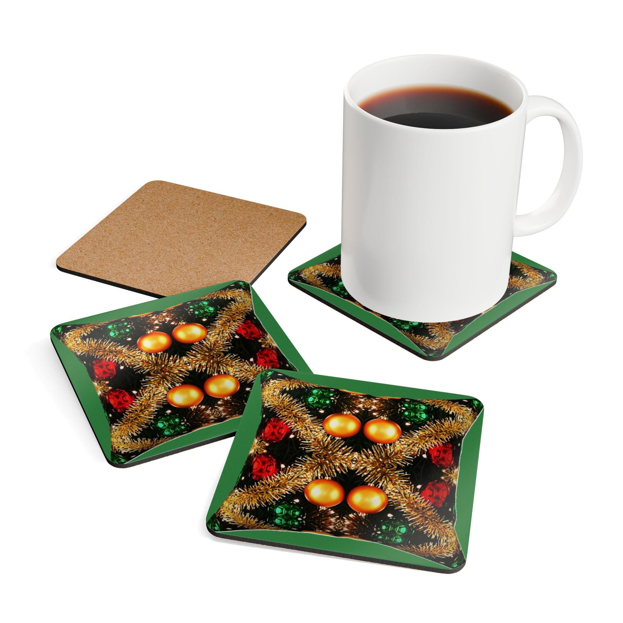 Christmas Ornaments Kaleidoscope Corkwood Coaster Set | Holiday Table Decor