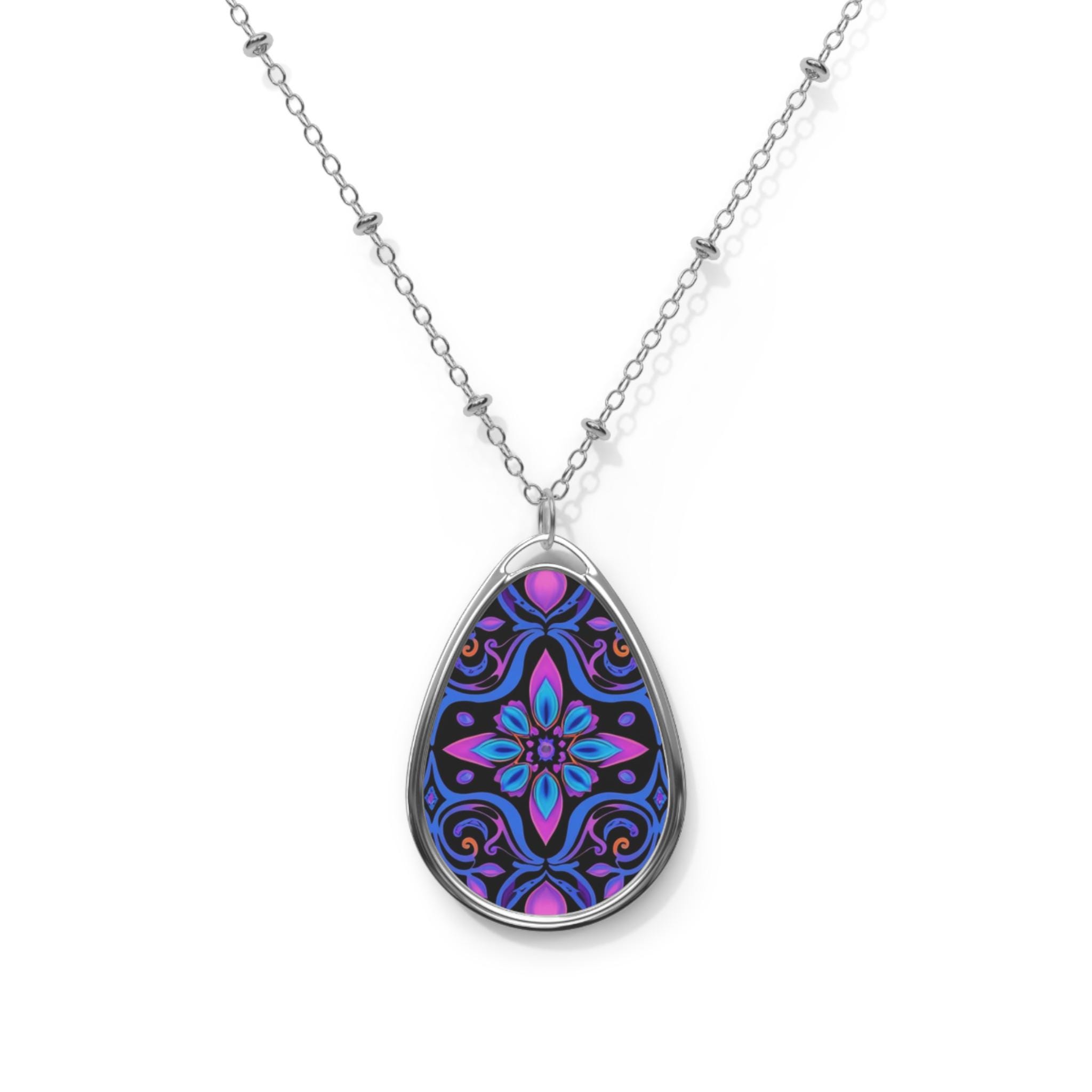 Purple Floral Necklace Oval Pendant, Floral Oval Necklace