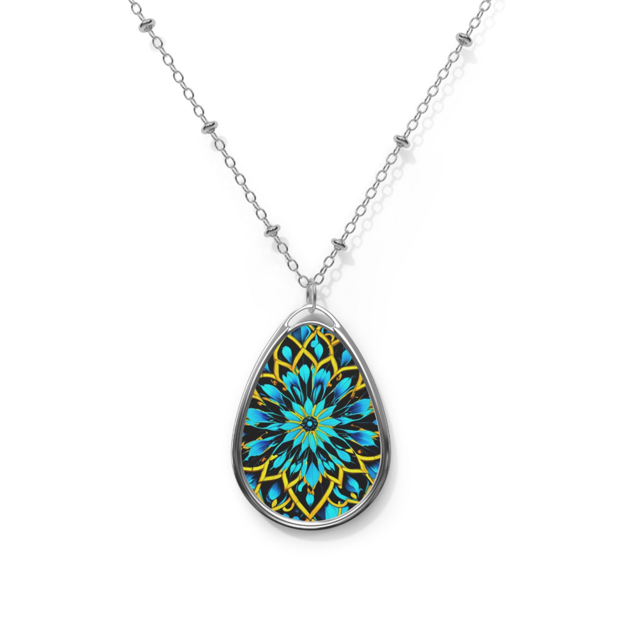 Oval Necklace - Teal Blue Mandala Teardrop Pendant Necklace