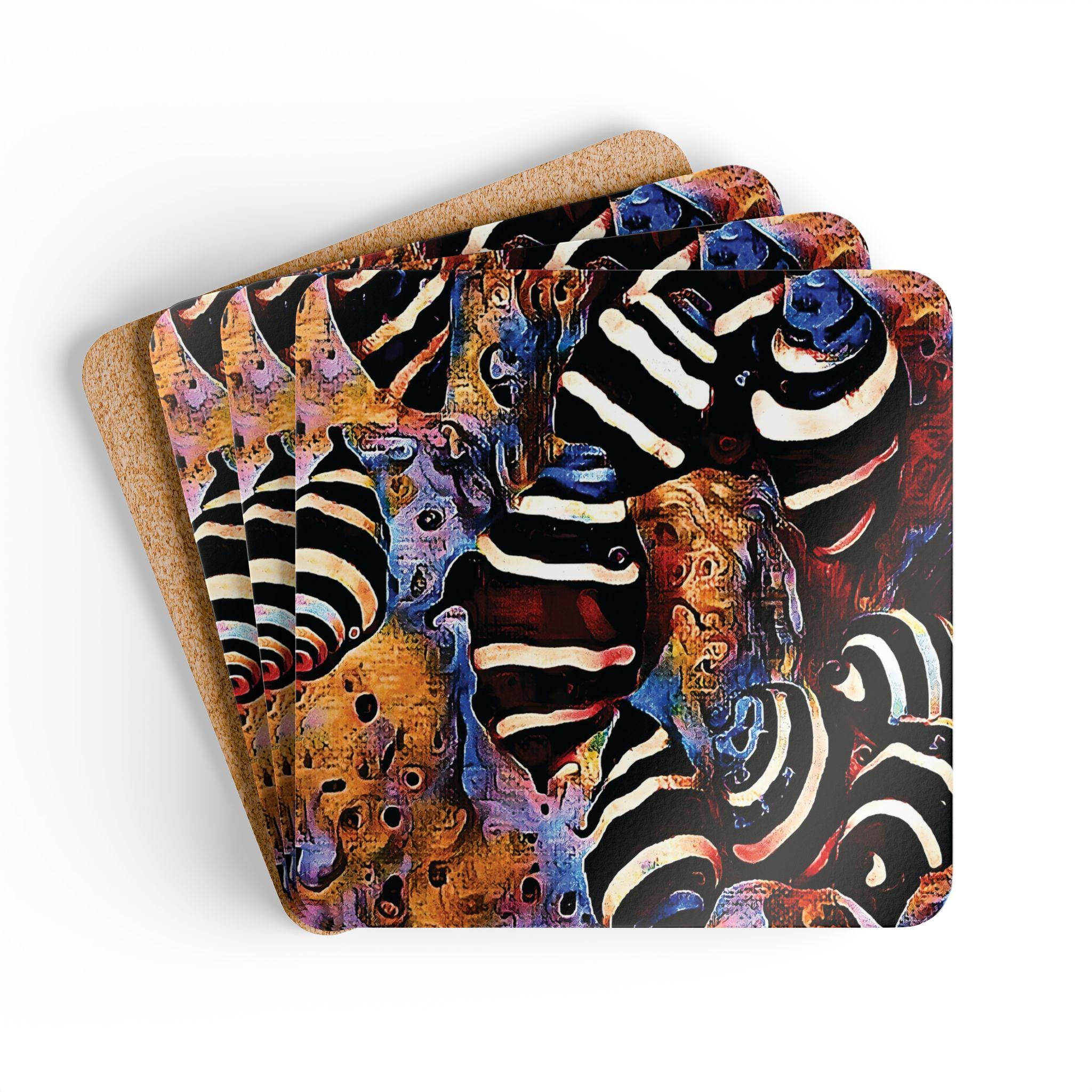 Abstract Nautical Shells Corkwood Coaster Set | Striped Seashell Art