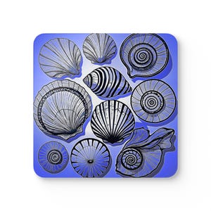 Juego de posavasos de corcho con ilustración de conchas marinas azules / Posavasos con diseño de conchas de playa